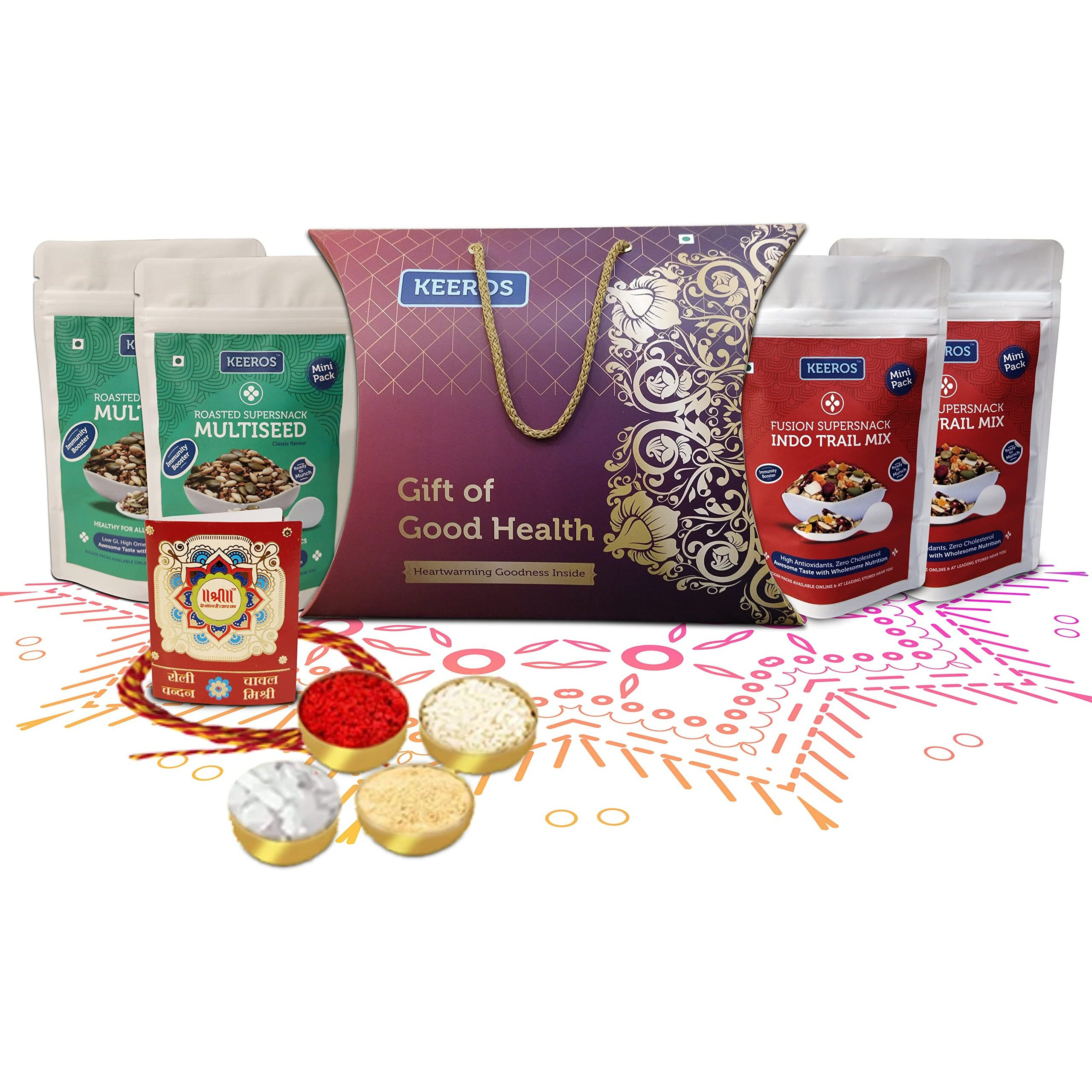 Keeros Healthy Rakhi Sweets Gift Pack with Roli Chandan Tikka Chawal Mishri |Combo of 2 varieties of Tasty & Nutritious Dry Fruits Mixed Snacks Packed in a Premium Gift Hamper for Brother