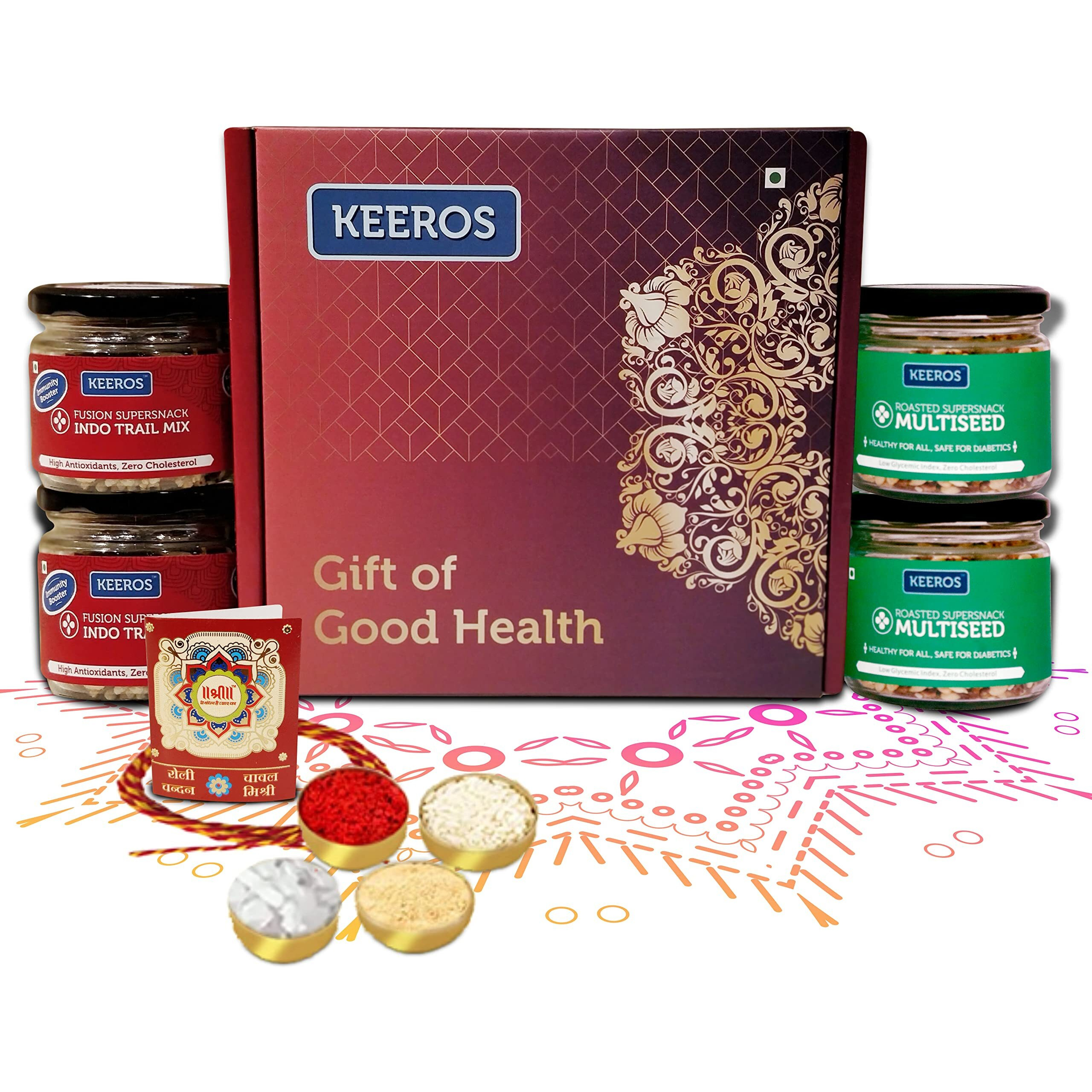 Keeros Healthy Rakhi Sweets Gift Box with Roli Moli Chandan Tikka Chawal Mishri |Combo of 2 varieties of Tasty & Nutritious Dry Fruits Mixed Snacks in Glass Jars packed in a Premium Gift Hamper