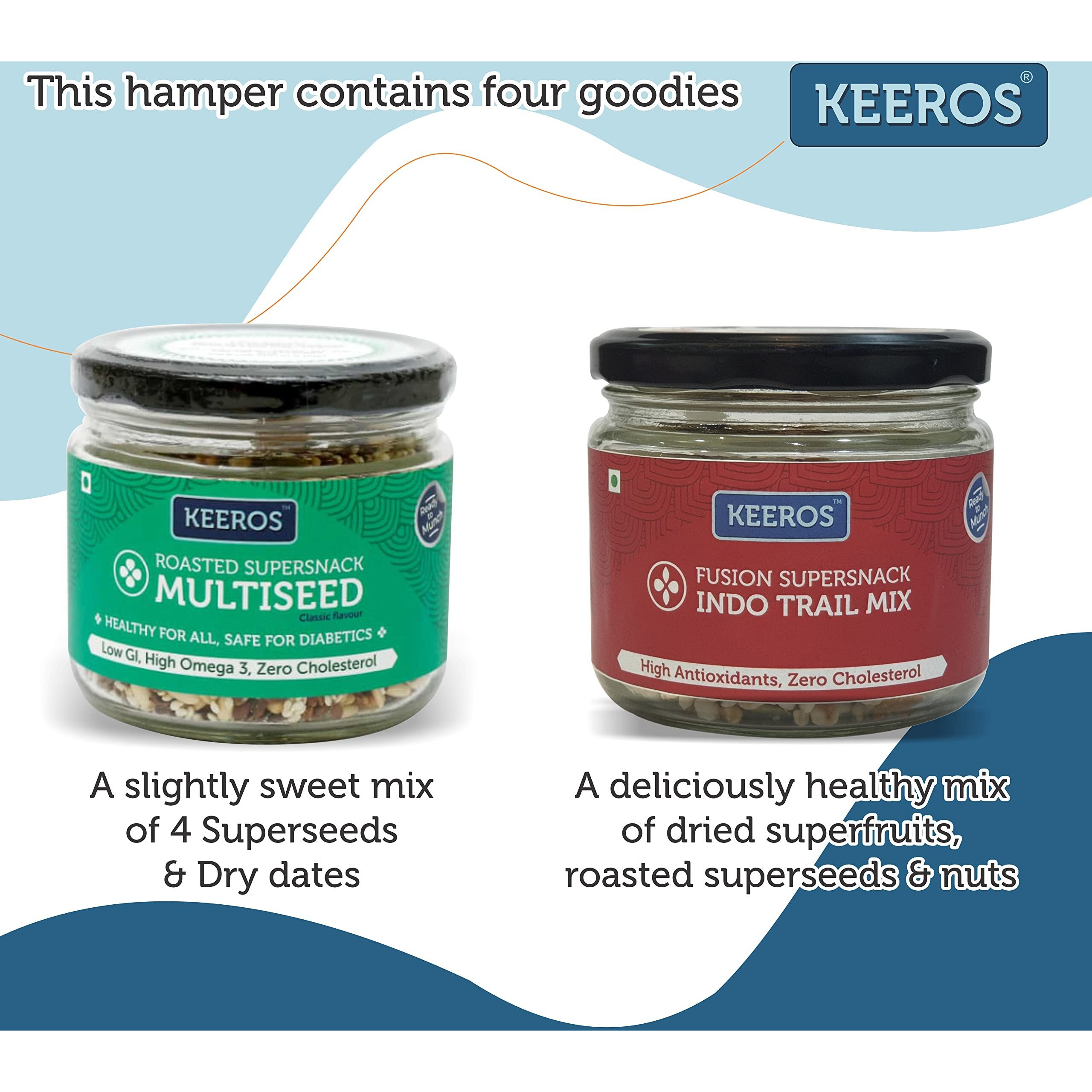 Keeros Healthy Rakhi Sweets Gift Box with Roli Moli Chandan Tikka Chawal Mishri |Combo of 2 varieties of Tasty & Nutritious Dry Fruits Mixed Snacks in Glass Jars packed in a Premium Gift Hamper