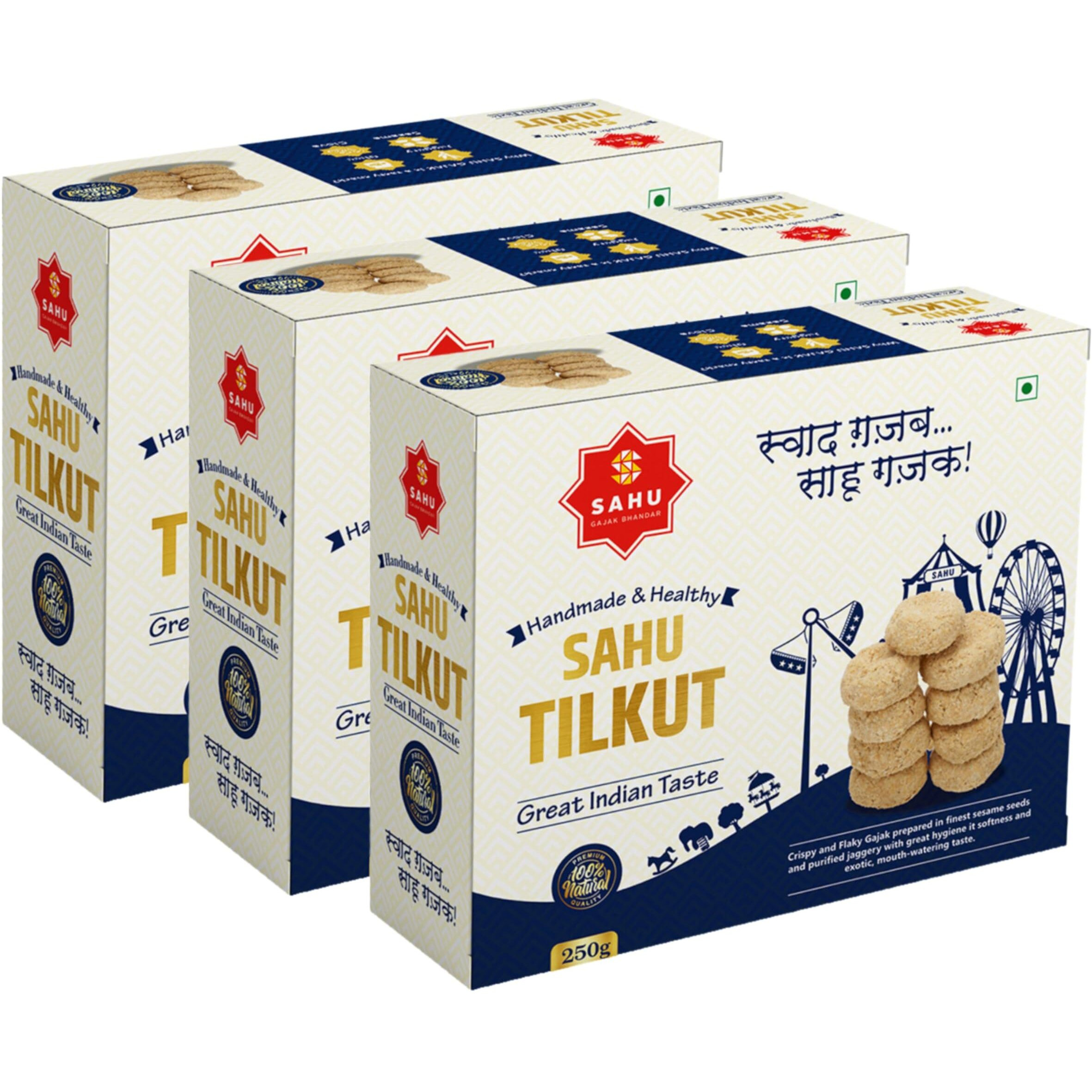 SAHU GAJAK BHANDAR Special Kutema Gajjak 250g | Tilkatri | Tilkoot | Tilkut | Gud Gazak | Sweets and Snacks | No Added Preservatives and Colours and Flavours (Pack of 3)