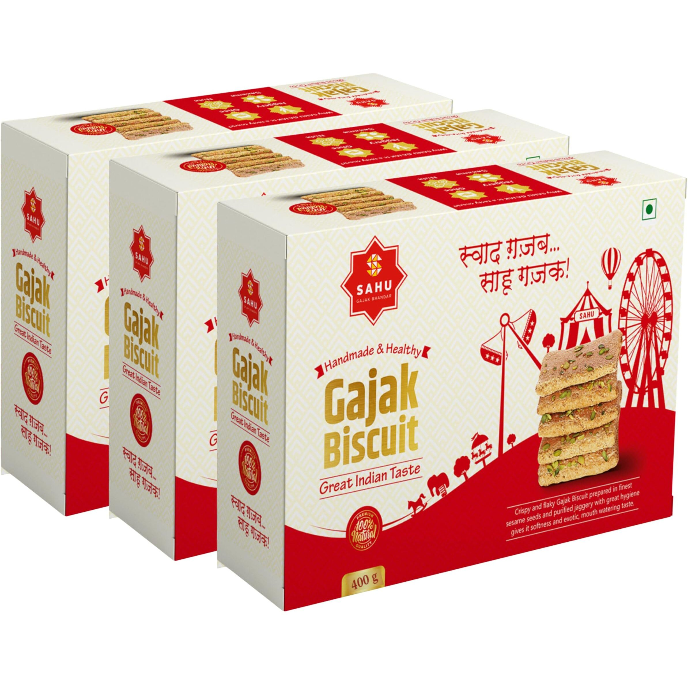 Sahu Gajak Bhandar Crispy & Flaky Khasta Gajak 400 gm | Gud Gajak | Sesame Chikki | Gazak | Gachak | Gazzak | Gud Gajak | Jaggery Sesame Bar | Jaggery Sweets and Chikki Snacks (Pack of 3 Box)