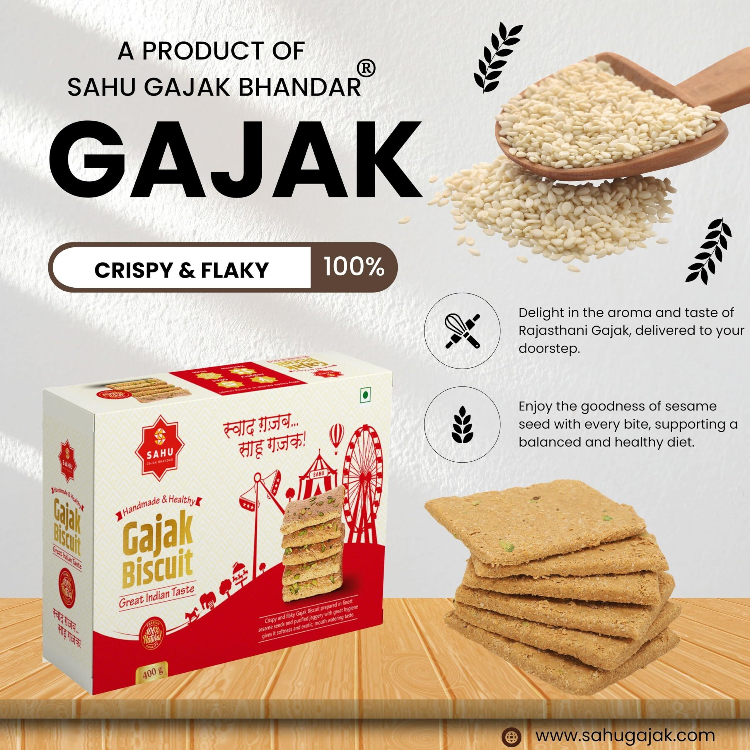 Sahu Gajak Bhandar Crispy & Flaky Khasta Gajak 400 gm | Gud Gajak | Sesame Chikki | Gazak | Gachak | Gazzak | Gud Gajak | Jaggery Sesame Bar | Jaggery Sweets and Chikki Snacks (Pack of 3 Box)