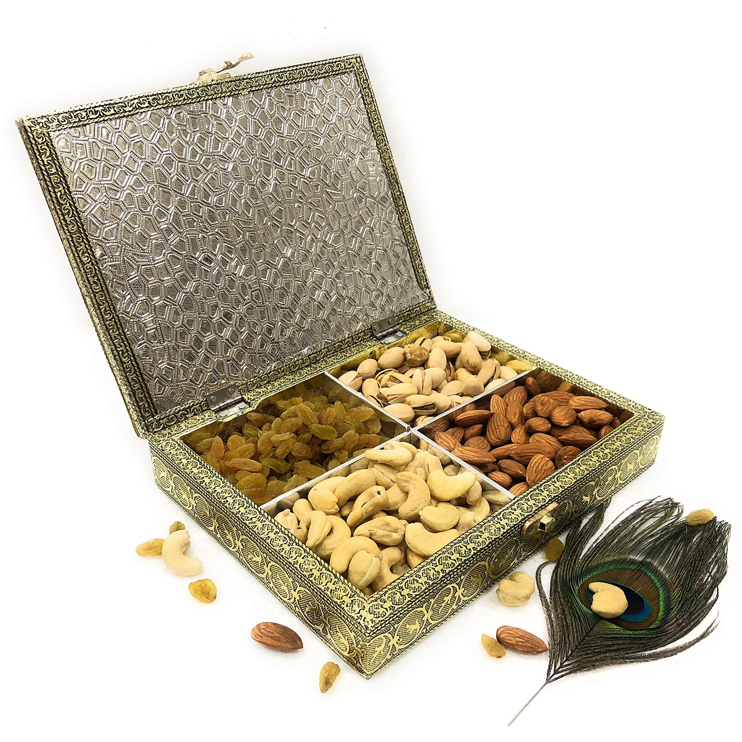 ROXA Decorative Empty Dry Fruit Box/Wooden Dry Fruit Box/Sweets Box/Oxidized Dry Fruit Box/Gift Box/Mukhwash Box, Sopari Box (4 Section Box) (Rajwadi Maroon)