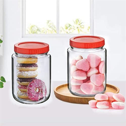 Feelopie Aahar Jar with Red Lid for Lentils, Food, Pickles, Spices, Sweets, Snacks, Rice, Kitchen Storage (1 KG, Set Of 2)
