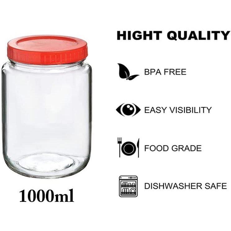 Feelopie Aahar Jar with Red Lid for Lentils, Food, Pickles, Spices, Sweets, Snacks, Rice, Kitchen Storage (1 KG, Set Of 2)