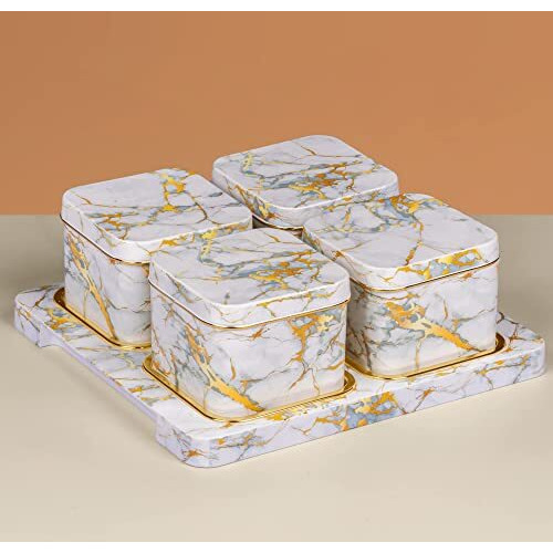 SELVEL Giving shape to life Airtight Dry Fruit Container Tray Set with Lid & Serving Tray, Dry Fruit Box Set with Serving Tray for Serving Sweets, Chips, Cookies Other Snacks 4 Pieces, White