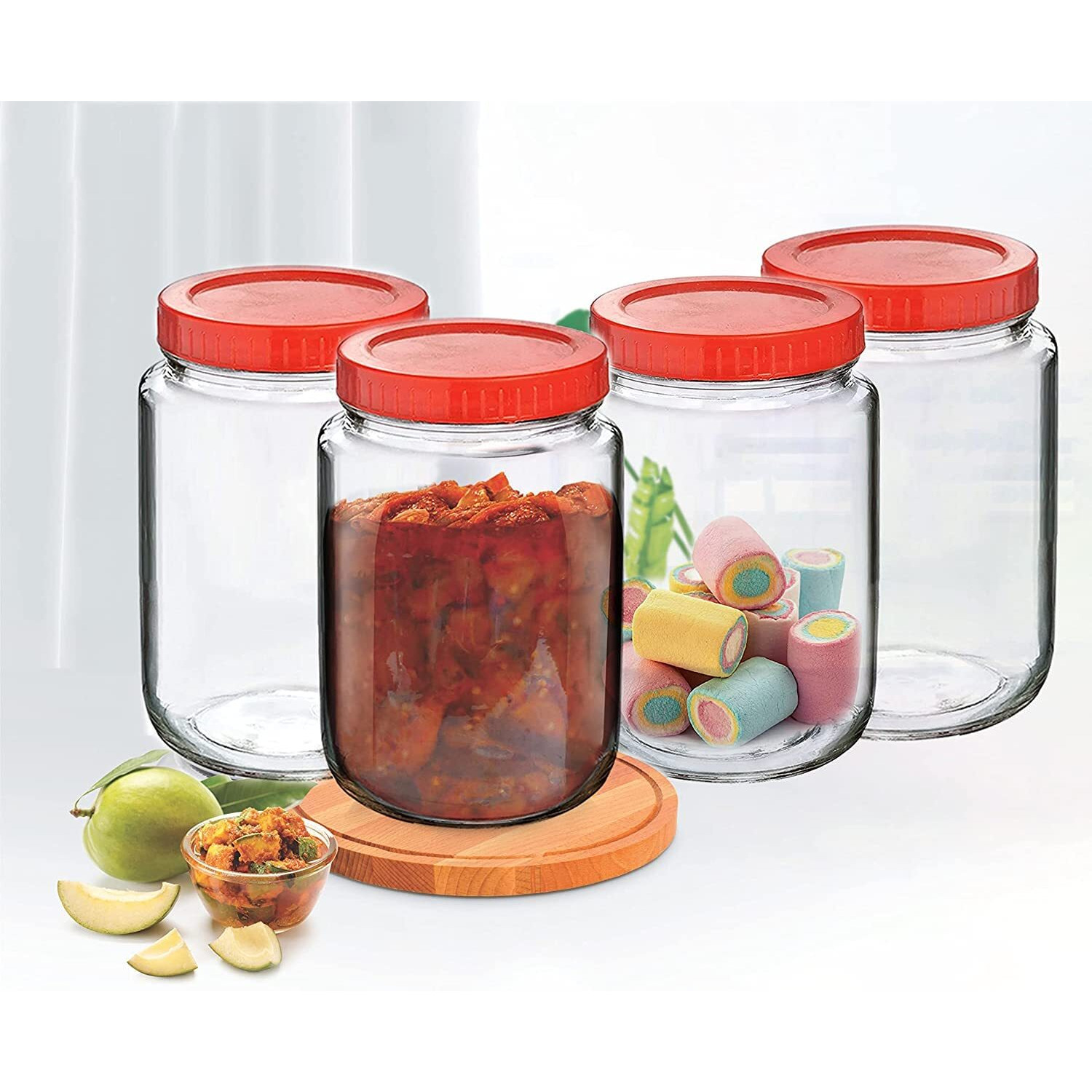 Feelopie Aahar Jar with Red Lid for Lentils, Food, Pickles, Spices, Sweets, Snacks, Rice, Kitchen Storage (1 KG, Set Of 4)