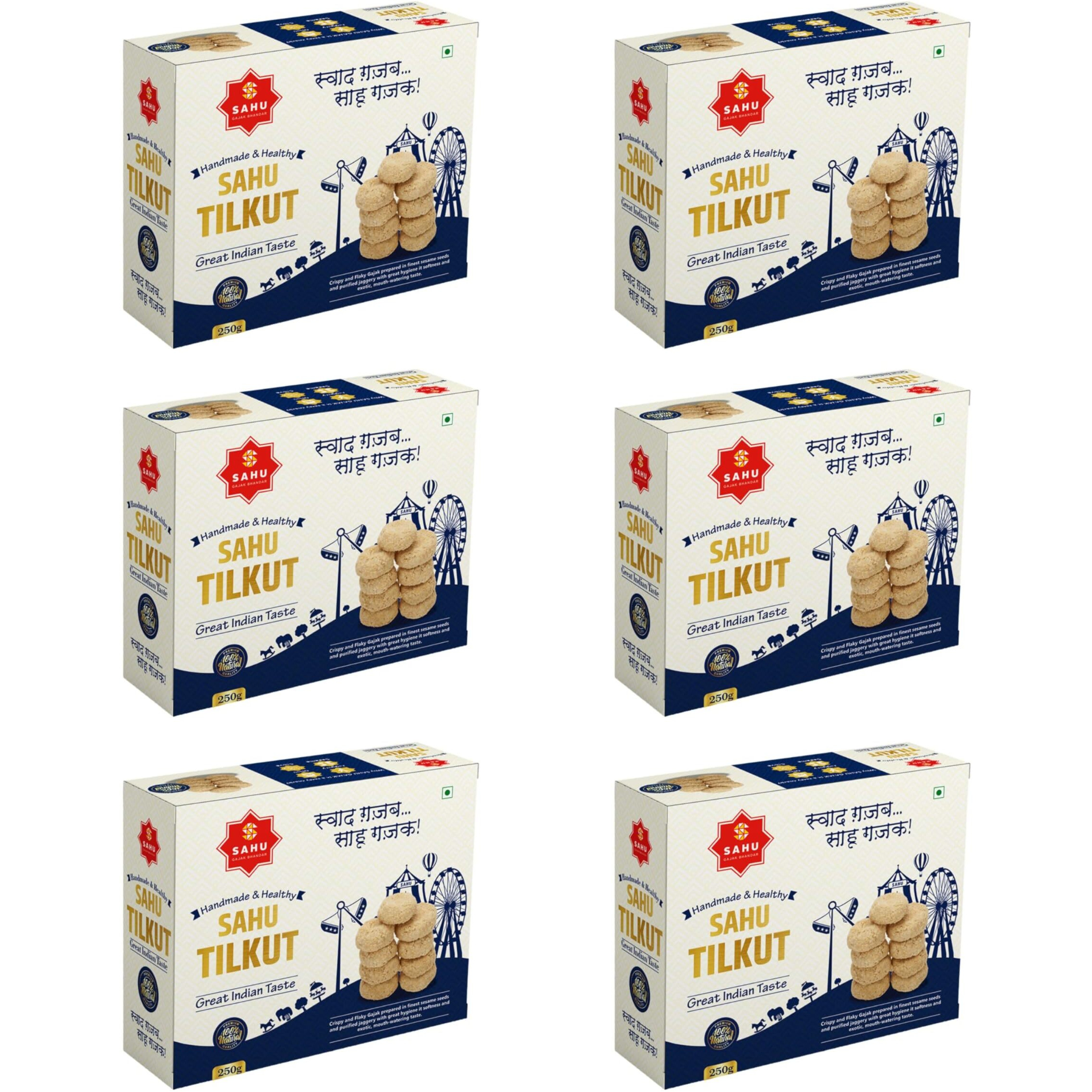SAHU GAJAK BHANDAR Special Kutema Gajjak 250g | Tilkatri | Tilkoot | Tilkut | Gud Gazak | Sweets and Snacks | No Added Preservatives and Colours and Flavours (Pack of 6)