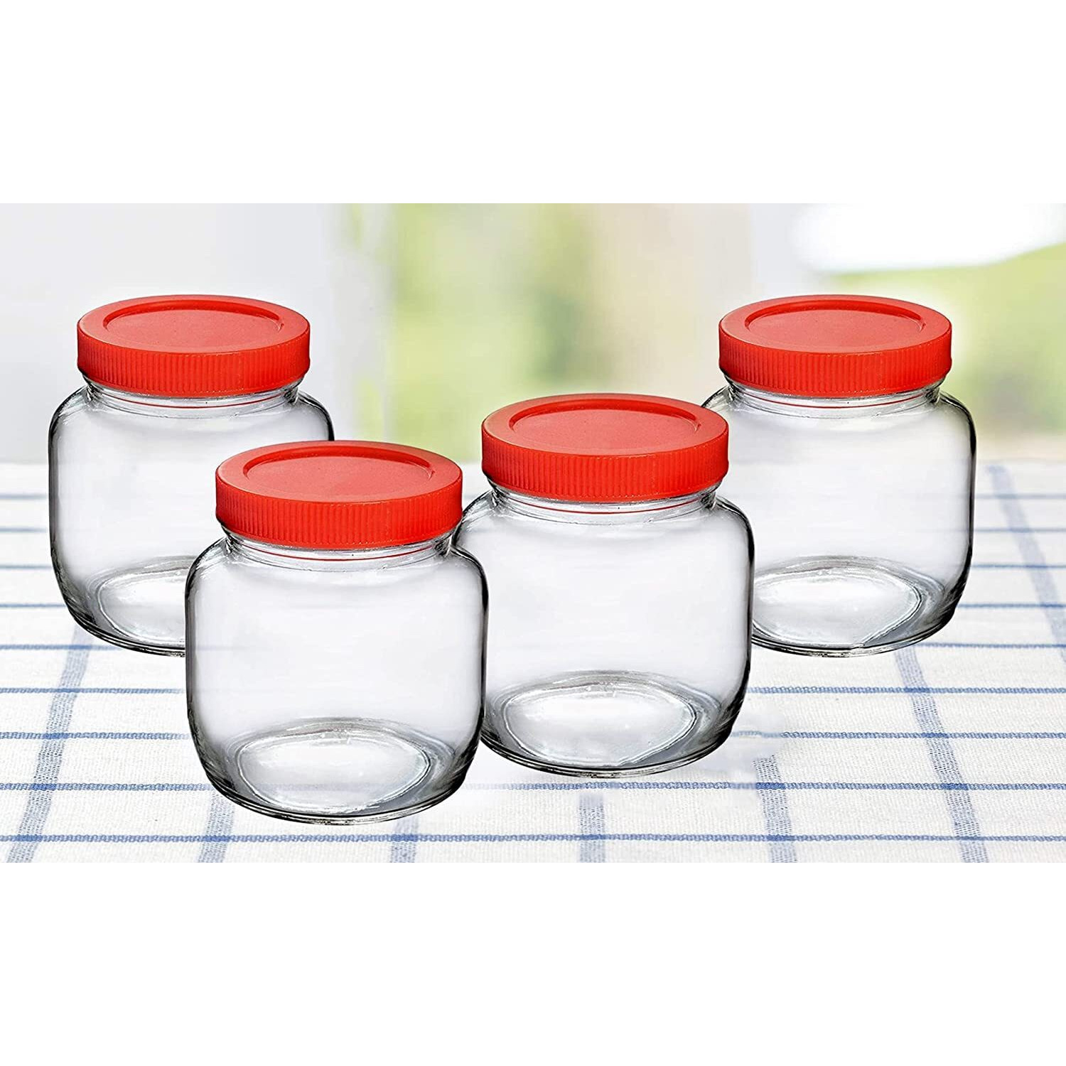 Feelopie Aahar Jar with Red Lid for Lentils, Food, Pickles, Spices, Sweets, Snacks, Rice, Kitchen Storage (250ml, Set Of 4)