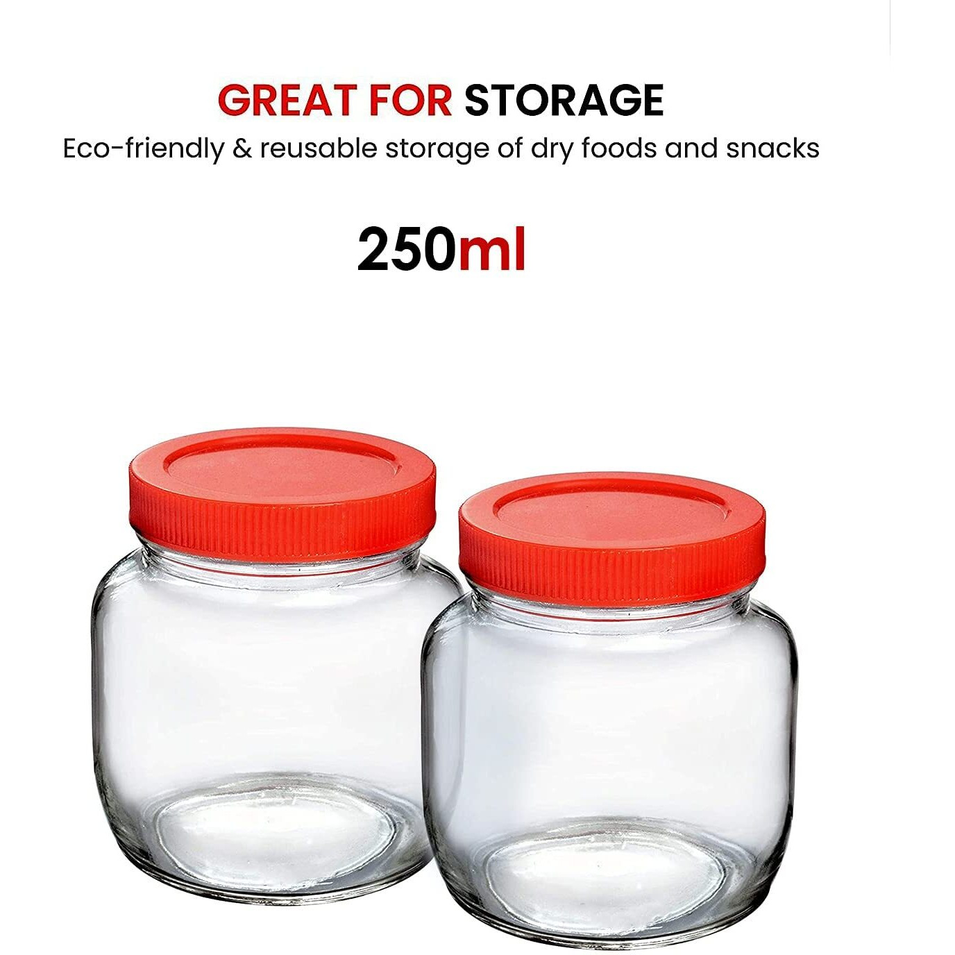 Feelopie Aahar Jar with Red Lid for Lentils, Food, Pickles, Spices, Sweets, Snacks, Rice, Kitchen Storage (250ml, Set Of 4)