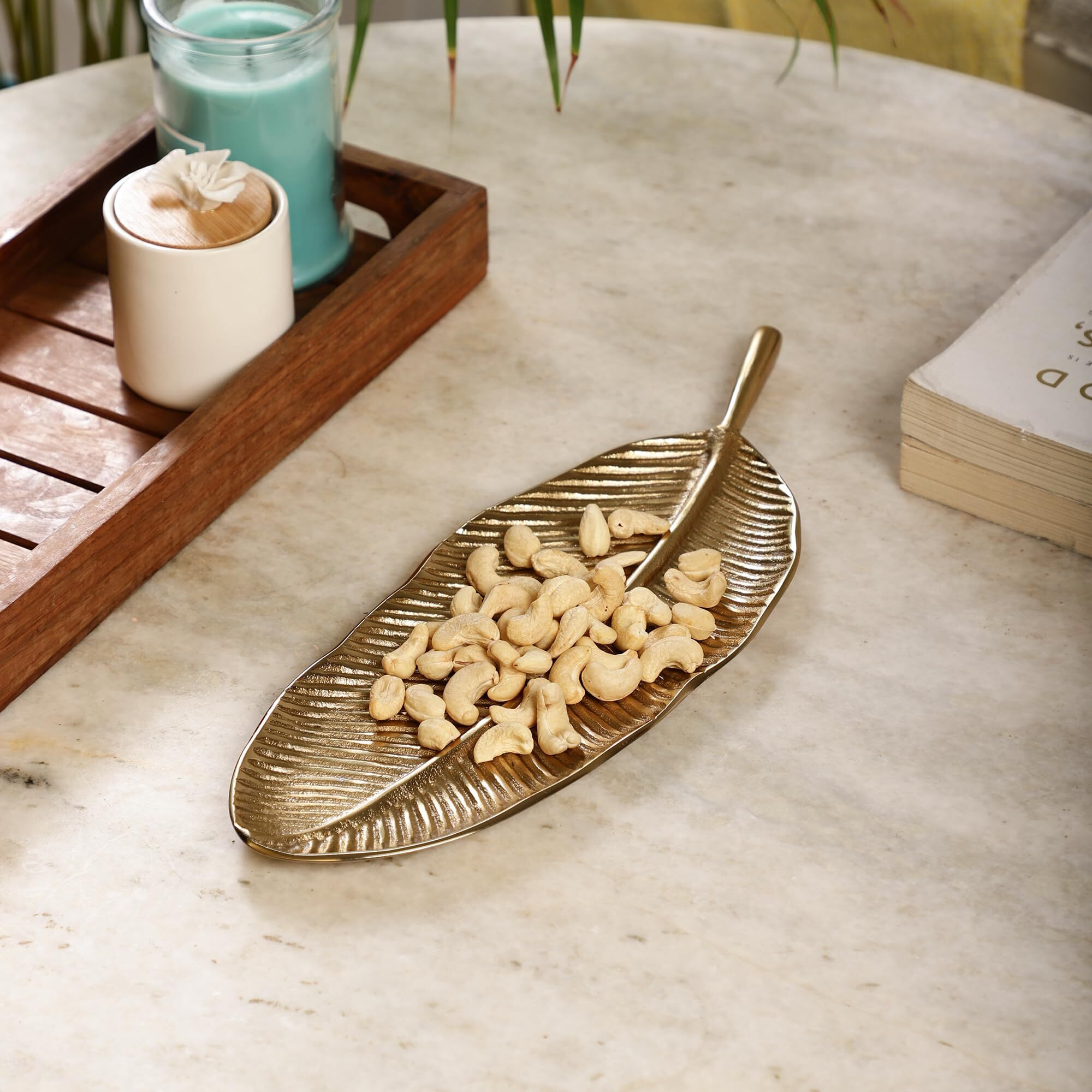 Purestory Tray for Center Table Centerpiece Tray for Home Decor | Leaf-Shaped Serving Platter for Serving Sweets,Cookies,Dry Fruits & Other Snacks | Tray for Home Dcor Kitchen Dining Room Table