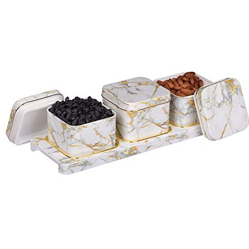 SELVEL Giving shape to life Airtight Dry Fruit Container Tray Set with Lid & Serving Tray for Serving Sweets, Chips, Cookies Other Snacks 3 Pieces (Italian White)