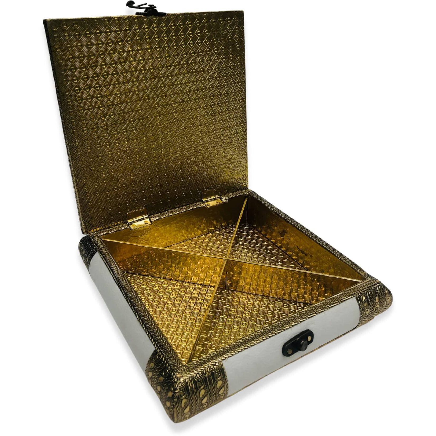 ROXA Decorative Empty Dry Fruit Box/Wooden Dry Fruit Box/Sweets Box/Oxidized Dry Fruit Box/Gift Box/Mukhwash Box, Sopari Box (4 Section Box) (Rajwadi White)