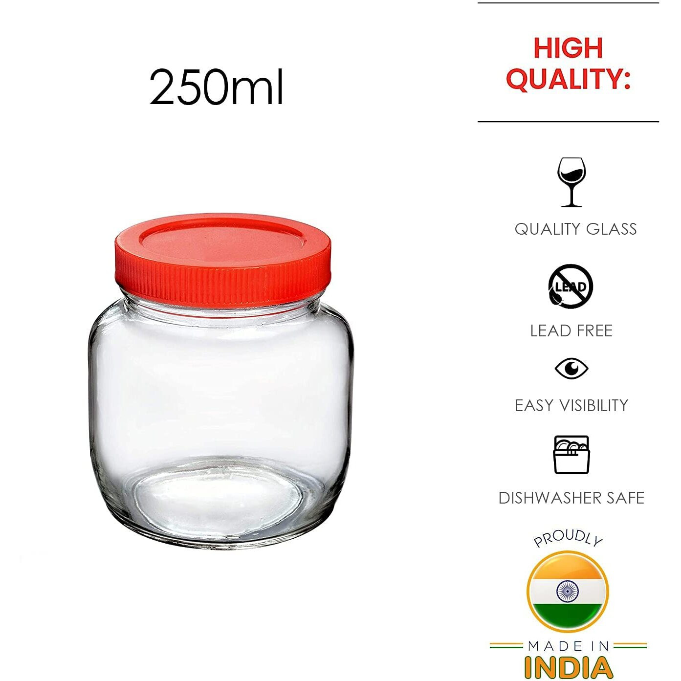 Feelopie Aahar Jar with Red Lid for Lentils, Food, Pickles, Spices, Sweets, Snacks, Rice, Kitchen Storage (250ml, Set Of 8)