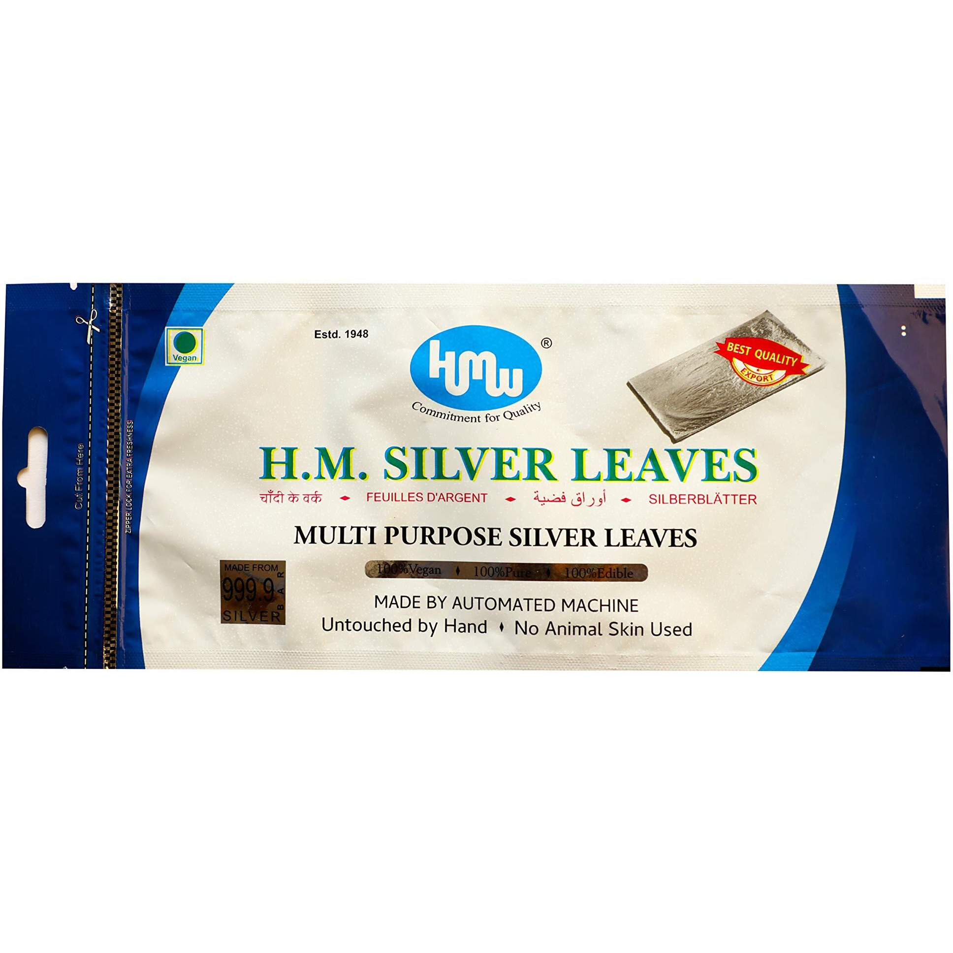 HMW Finest Genuine Edible Jumbo Silver Leaves, Pure Silver Best for Cooking and Sweets Decoration, Spa, Crafting, Health and Cakes - 15 Sheets