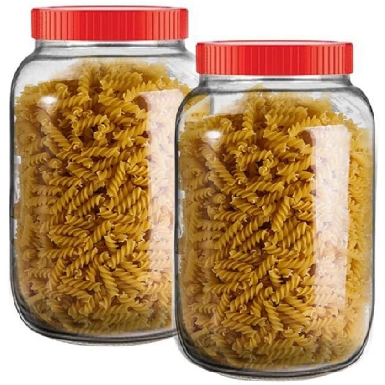 Feelopie Aahar Jar with Red Lid for Lentils, Food, Pickles, Spices, Sweets, Snacks, Rice, Kitchen Storage (2 KG, Set Of 2)