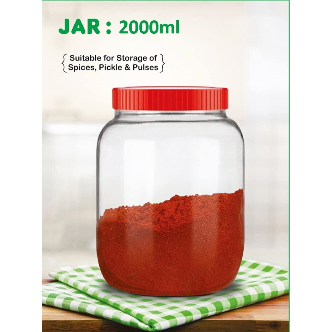 Feelopie Aahar Jar with Red Lid for Lentils, Food, Pickles, Spices, Sweets, Snacks, Rice, Kitchen Storage (2 KG, Set Of 2)