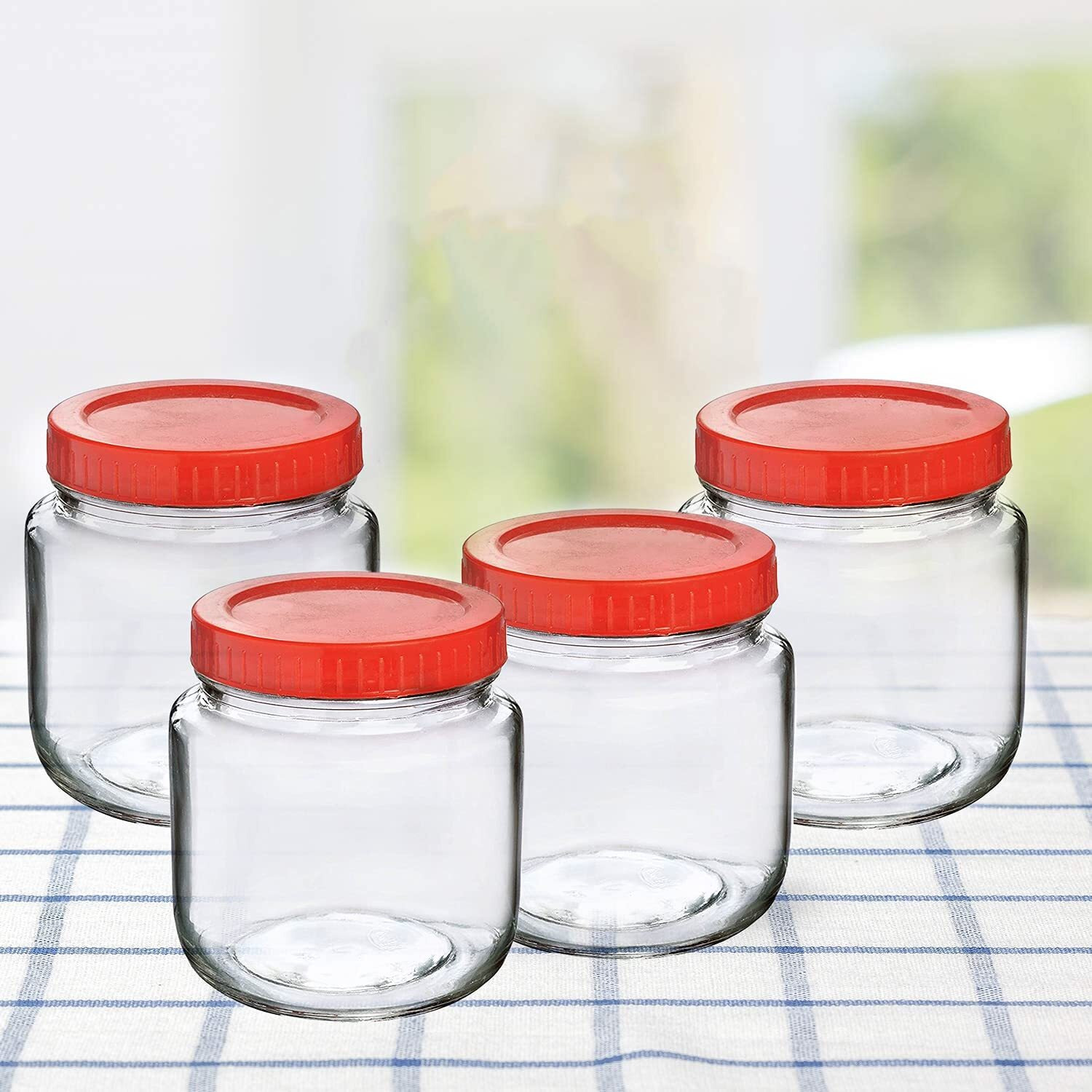 Feelopie Aahar Jar with Red Lid for Lentils, Food, Pickles, Spices, Sweets, Snacks, Rice, Kitchen Storage (500ml, Set Of 4)