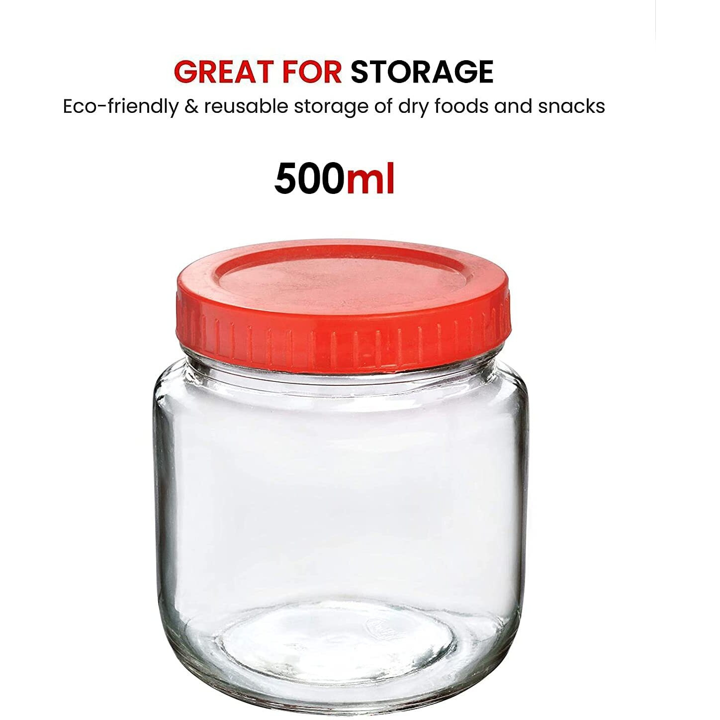 Feelopie Aahar Jar with Red Lid for Lentils, Food, Pickles, Spices, Sweets, Snacks, Rice, Kitchen Storage (500ml, Set Of 4)