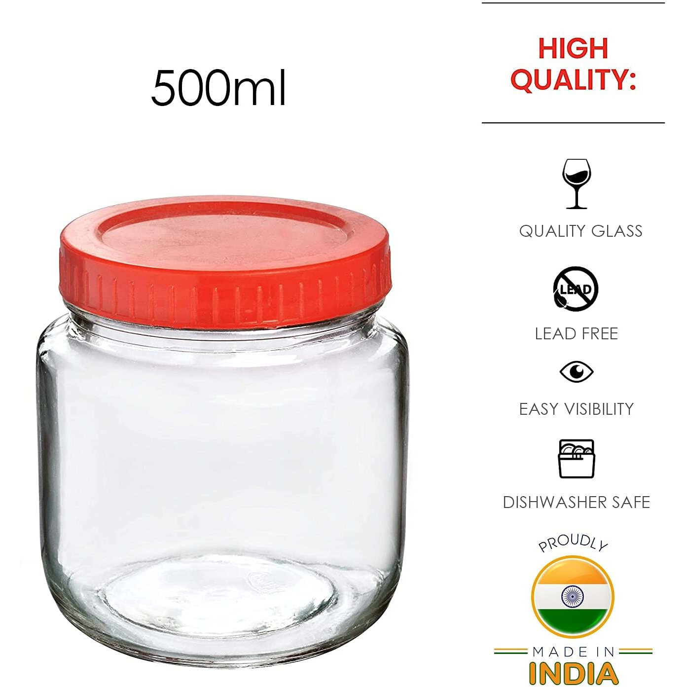 Feelopie Aahar Jar with Red Lid for Lentils, Food, Pickles, Spices, Sweets, Snacks, Rice, Kitchen Storage (500ml, Set Of 4)