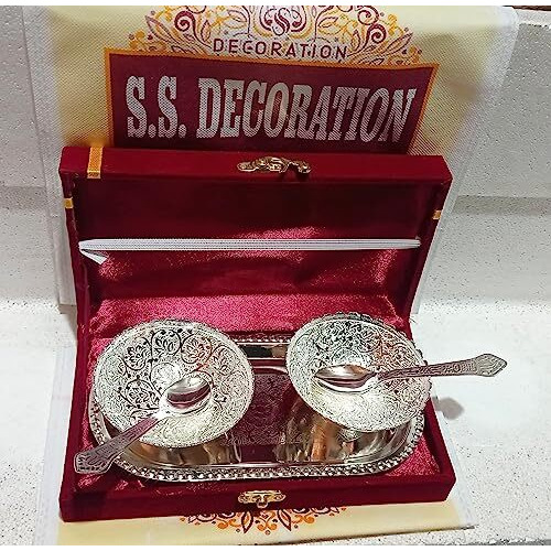 Ss Decoration Best Return Gift German Silver Bowl Set With Tray And Spoon With Velvet Box Pack Used For Diwali Gifting Dry Fruit, Sweets And Home Decor - 5.3 L
