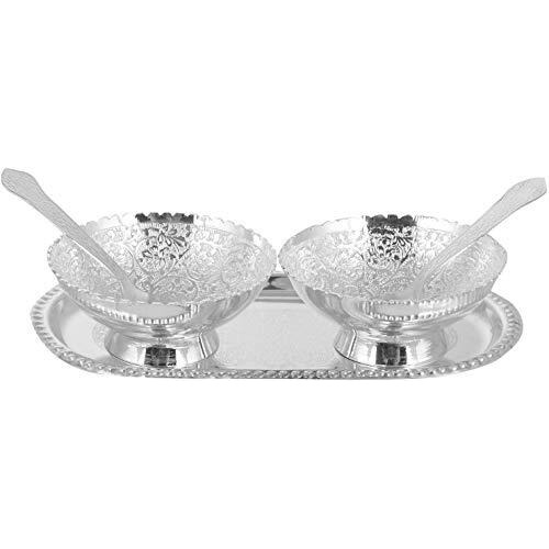 Ss Decoration Best Return Gift German Silver Bowl Set With Tray And Spoon With Velvet Box Pack Used For Diwali Gifting Dry Fruit, Sweets And Home Decor - 5.3 L