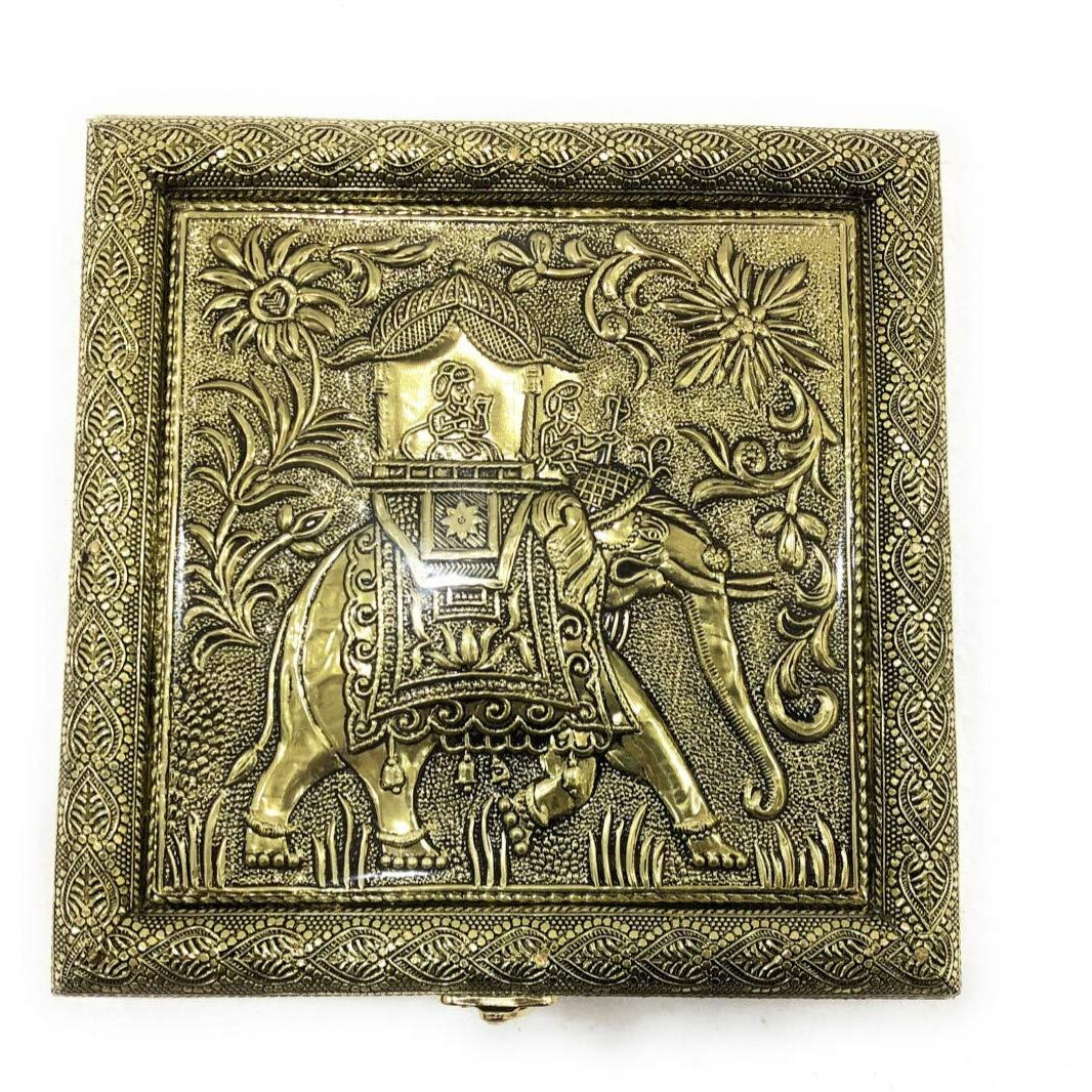 ROXA Decorative Empty Dry Fruit Box/Wooden Dry Fruit Box/Sweets Box/Oxidized Dry Fruit Box/Gift Box/Mukhwash Box, Sopari Box (4 Section Box) (Golden Elephant)