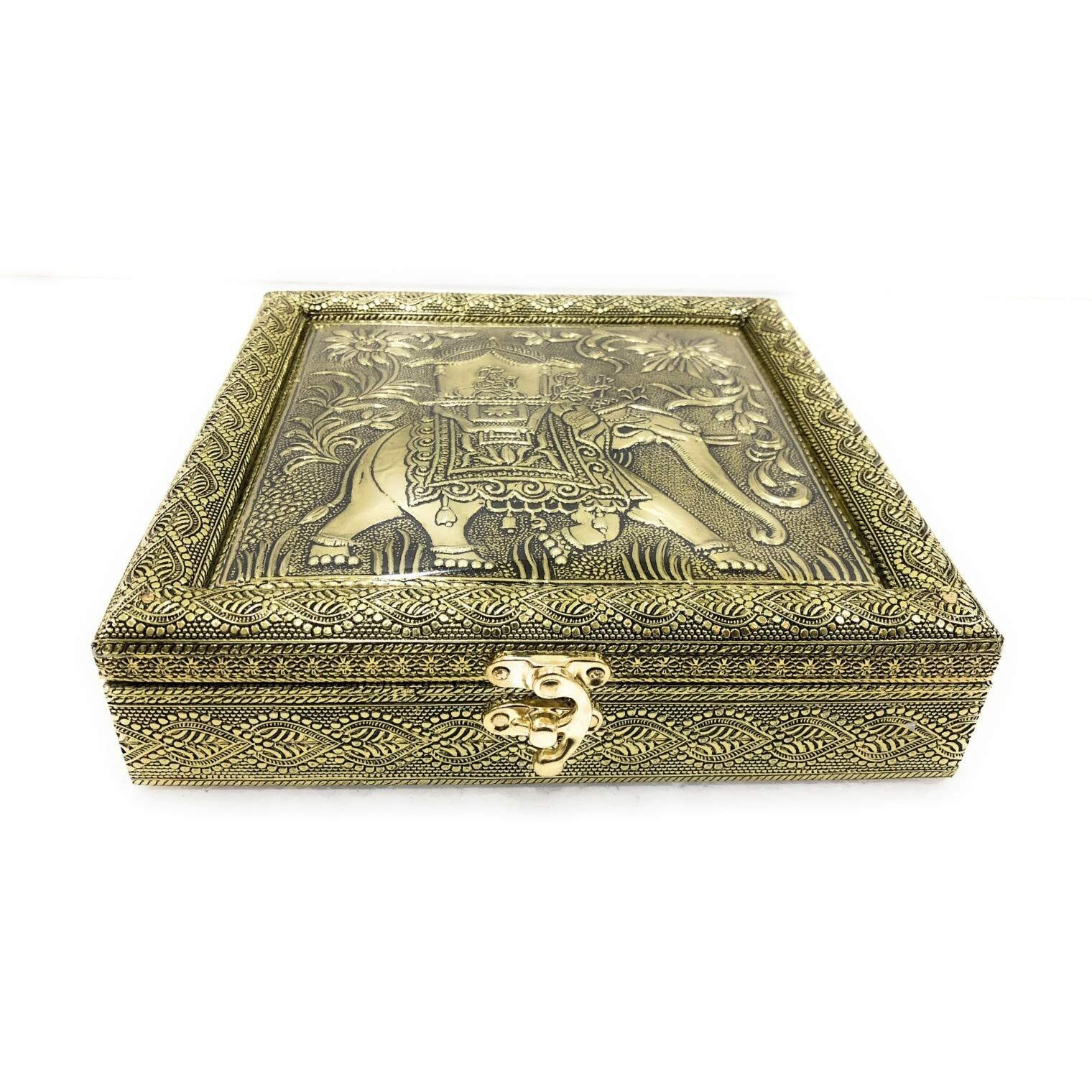 ROXA Decorative Empty Dry Fruit Box/Wooden Dry Fruit Box/Sweets Box/Oxidized Dry Fruit Box/Gift Box/Mukhwash Box, Sopari Box (4 Section Box) (Golden Elephant)