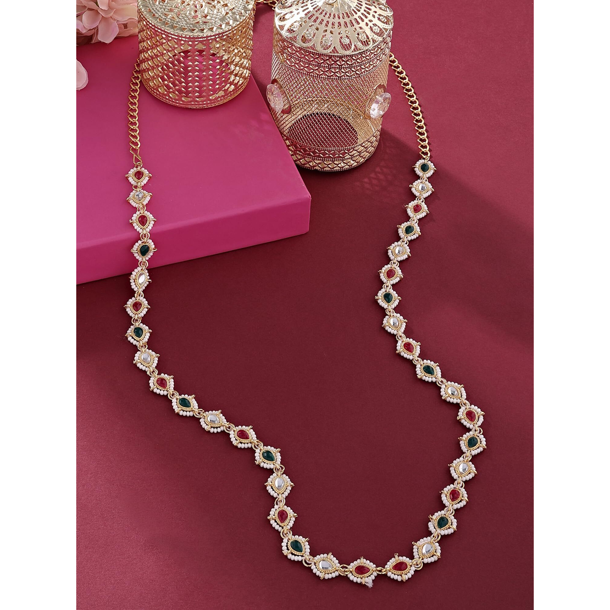 Zaveri Pearls Green Pink Teardrop Stones Embellished Sleek Bridal Kamarbandh For Women-ZPFK16127