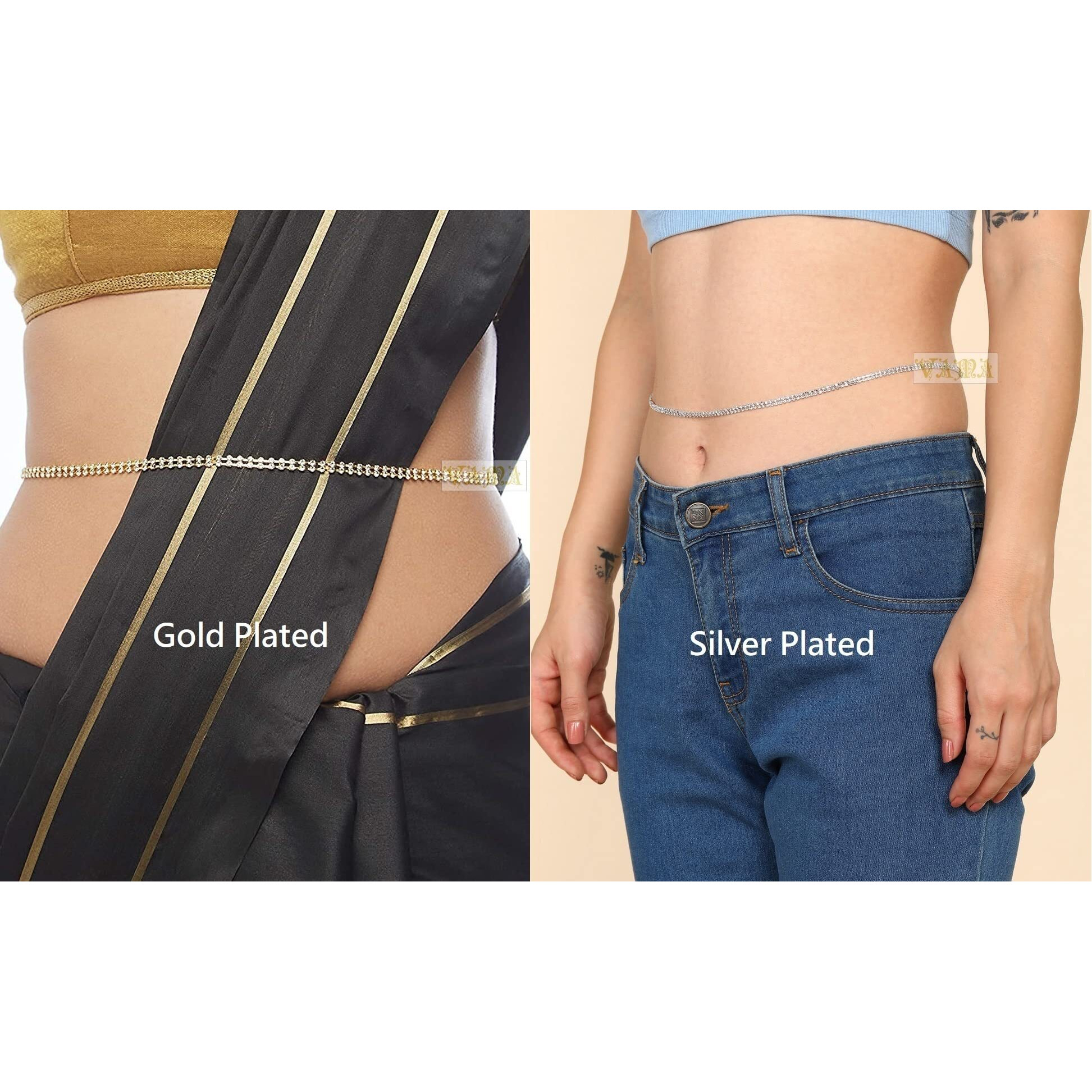 Silver Gold Crystal Stone Waist Hip Belly Body Chain Kamarband Saree Vadannam Waistband Kamarpata Kamarbandh