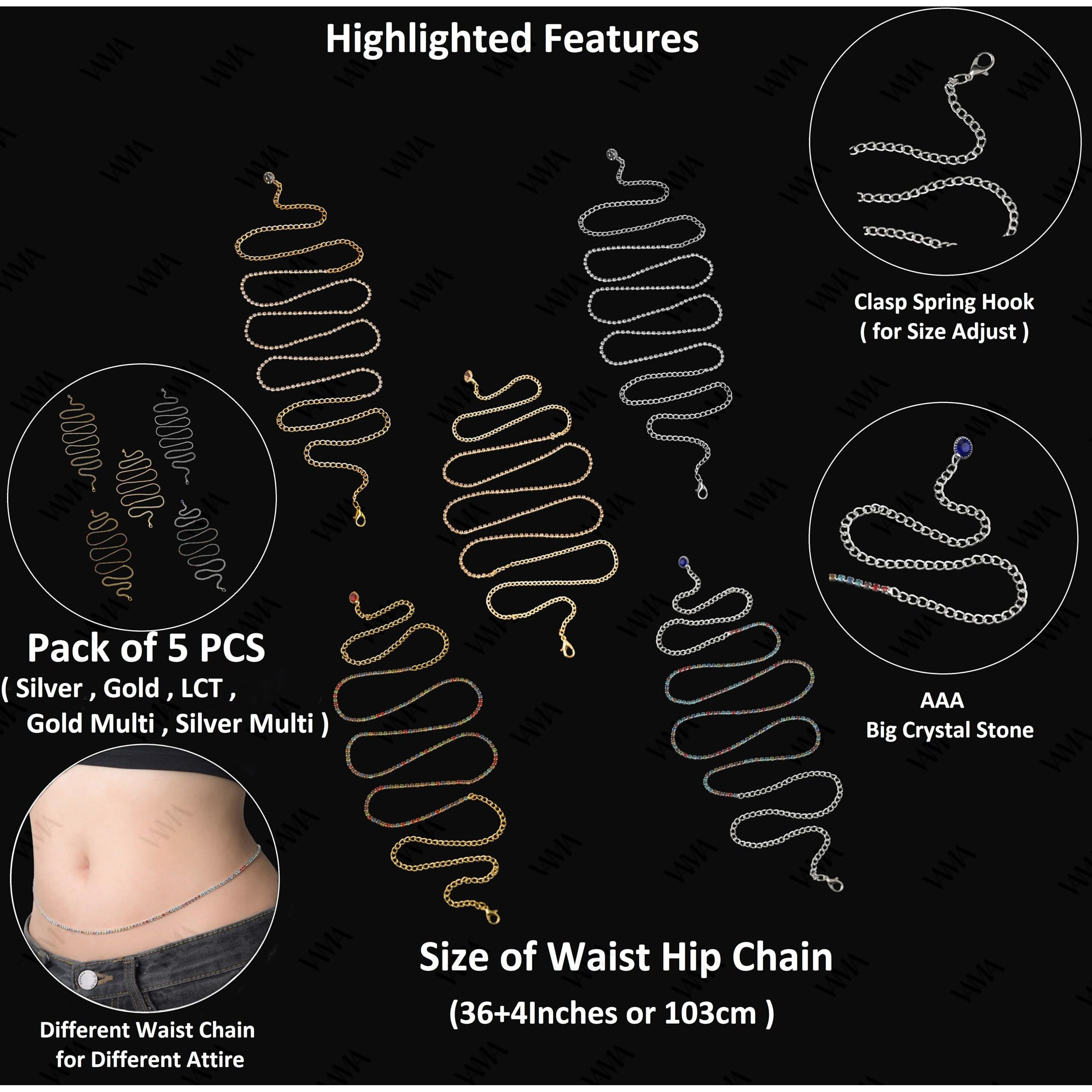 VAMA FASHIONS Combo Stone Waist Belt Hip belly Body Chain karddhani Kamar bandh Saree Vaddanam Kamarband for Girls & Women - 5 Pcs (Kamarband Hip Chain)