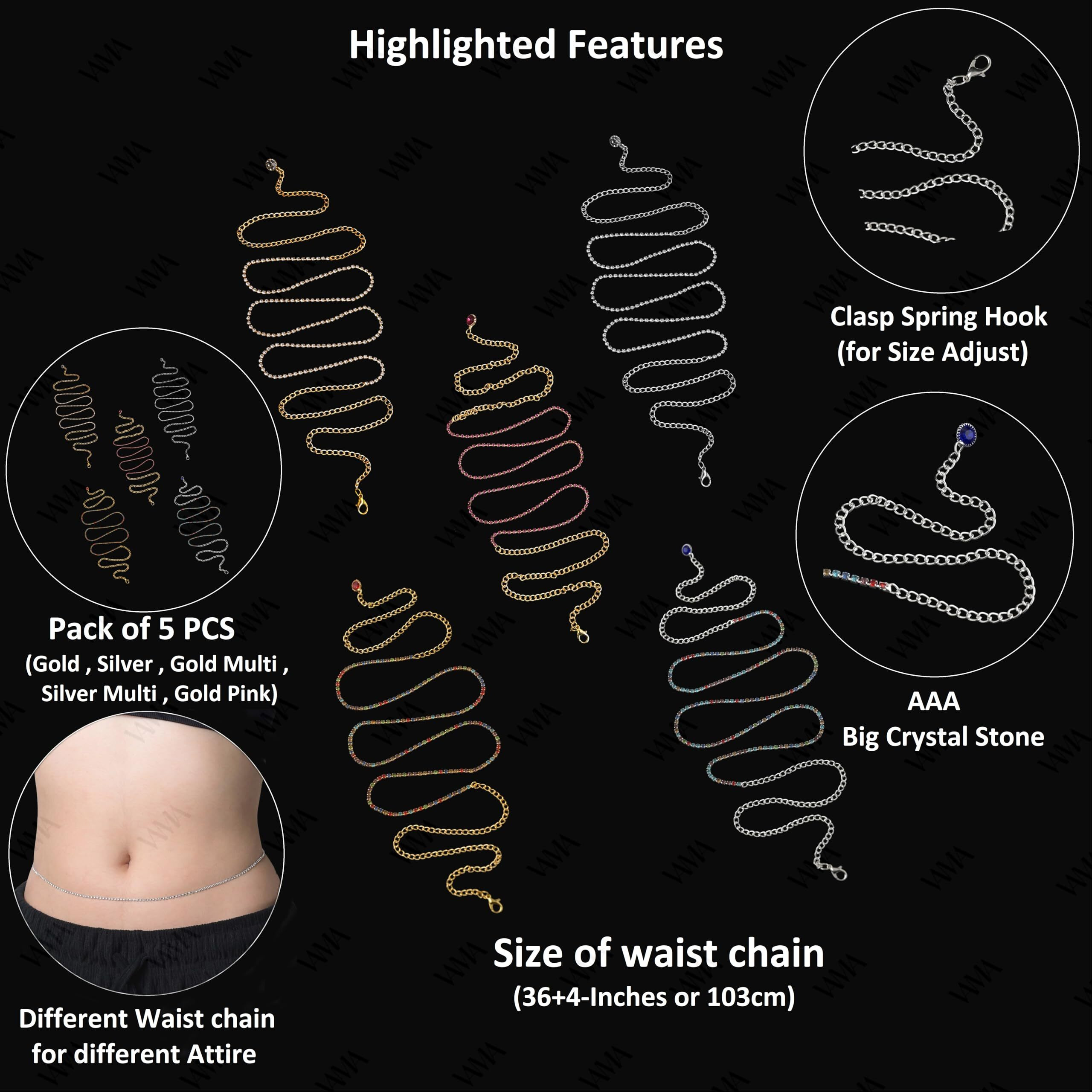 VAMA FASHIONS Combo Stone Waist Belt Hip belly Body Chain karddhani Kamar bandh Saree Vaddanam Kamarband for Girls & Women - 5 Pcs (Sexy Belly Chain)