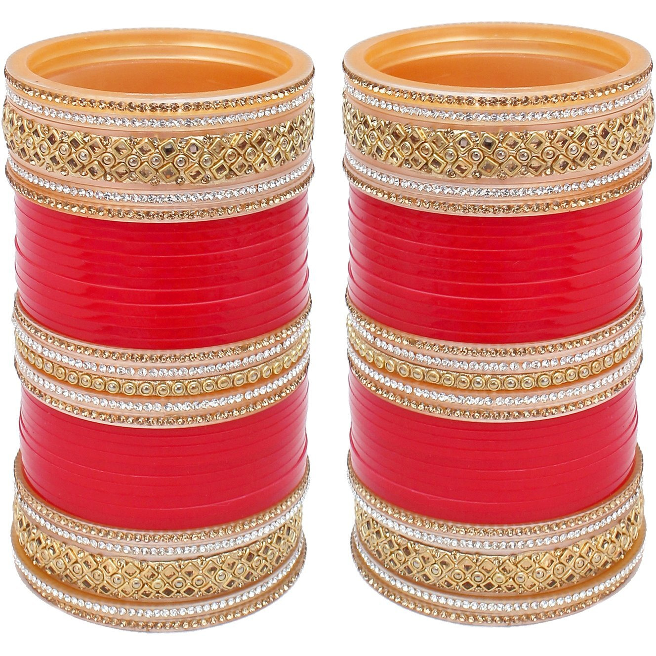 Lucky Jewellery Bridal Bangle Set Red Dulhan Golden & White Stone Chura Designer Fashion Choora Punjabi Wedding Chuda For Women (1403-G1C1-1012-R28)
