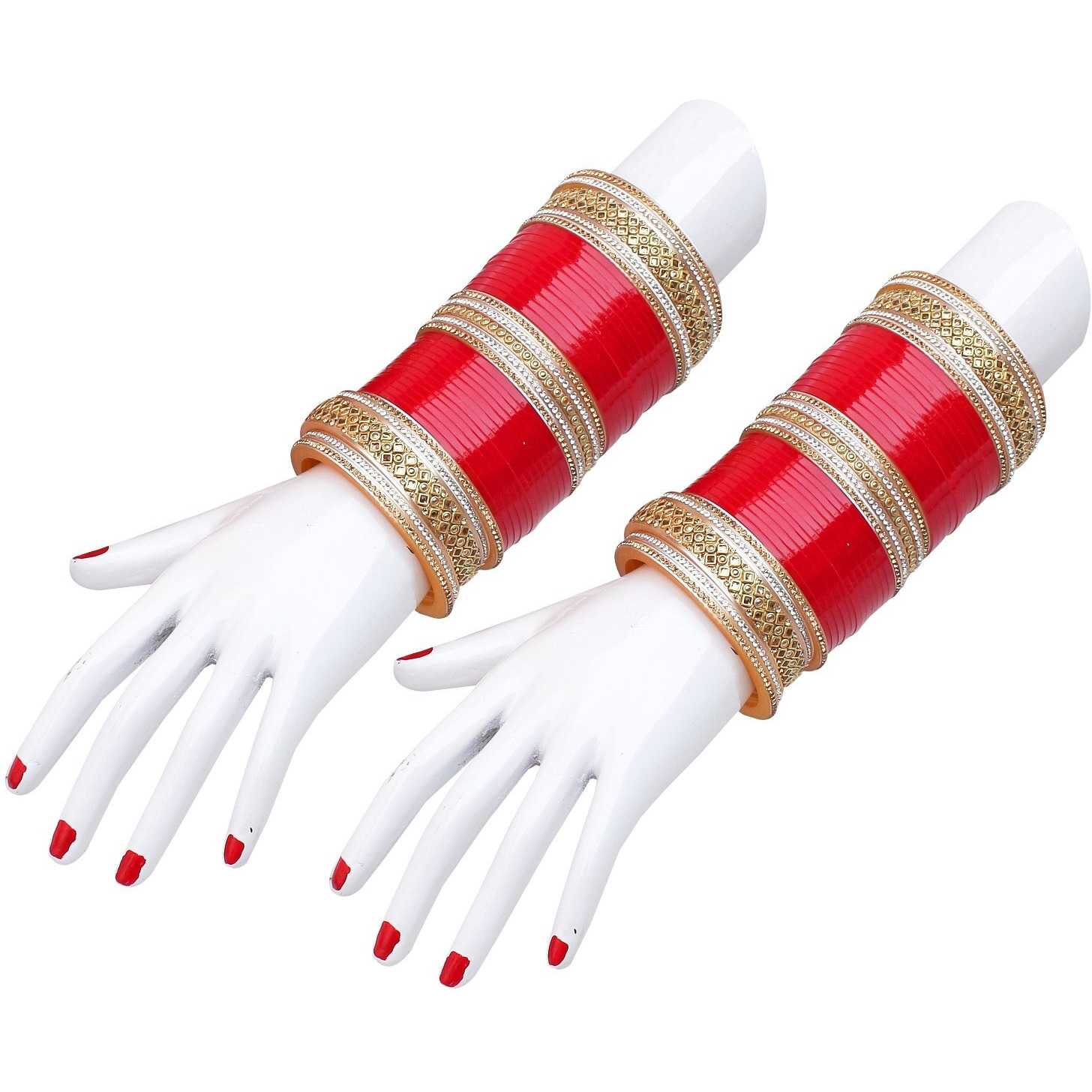 Lucky Jewellery Bridal Bangle Set Red Dulhan Golden & White Stone Chura Designer Fashion Choora Punjabi Wedding Chuda For Women (1403-G1C1-1012-R28)