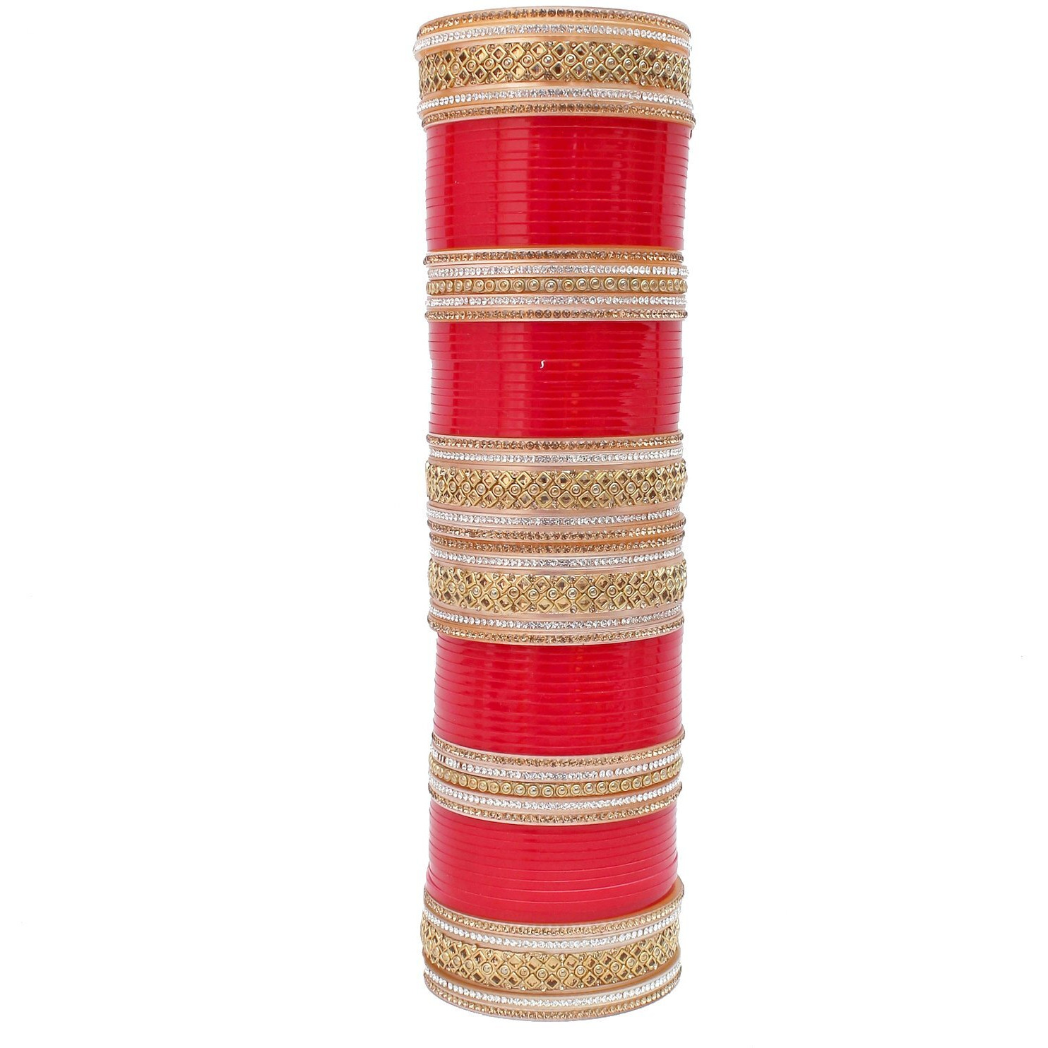 Lucky Jewellery Bridal Bangle Set Red Dulhan Golden & White Stone Chura Designer Fashion Choora Punjabi Wedding Chuda For Women (1403-G1C1-1012-R28)