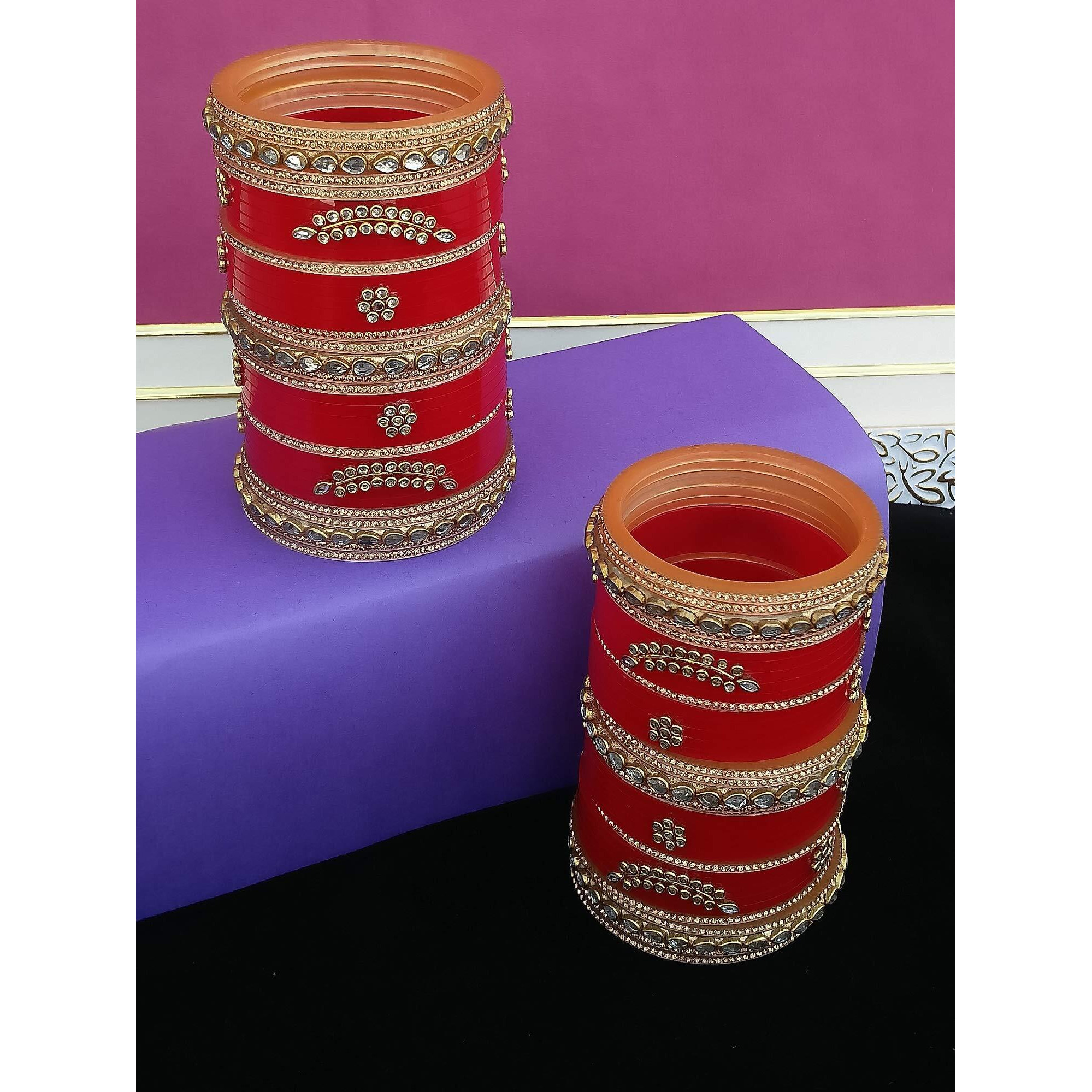 Lucky Jewellery Bridal Bangle Set Red Designer Chura Wedding Punjabi Choora Fashion Jewellery Chuda For Women (1403-M1C1-TANVI-R26)