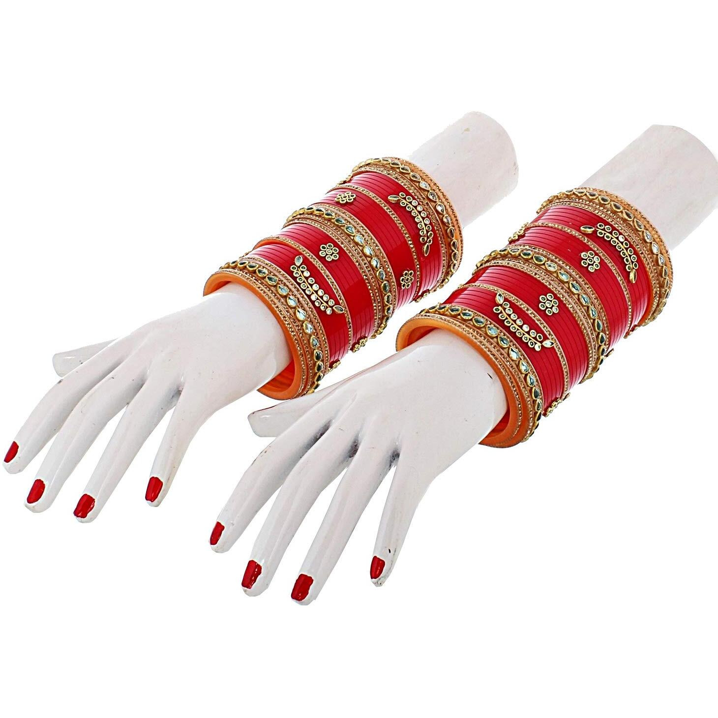 Lucky Jewellery Bridal Bangle Set Red Designer Chura Wedding Punjabi Choora Fashion Jewellery Chuda For Women (1403-M1C1-TANVI-R26)