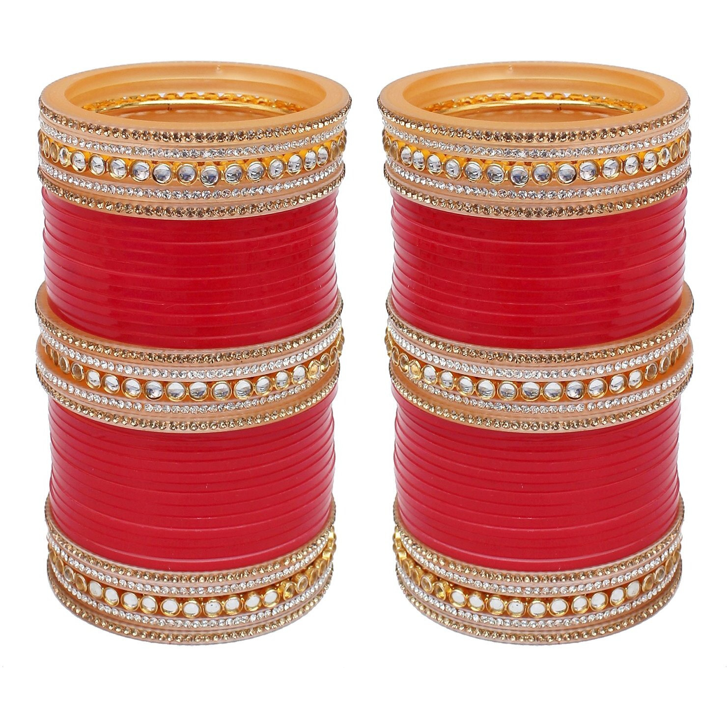 Lucky Jewellery Bridal Bangle Set Red Designer White Kundan & Golden Stone Chuda Fashion Punjabi Choora Wedding Chura For Women (1584-G1C1-1005-R28)