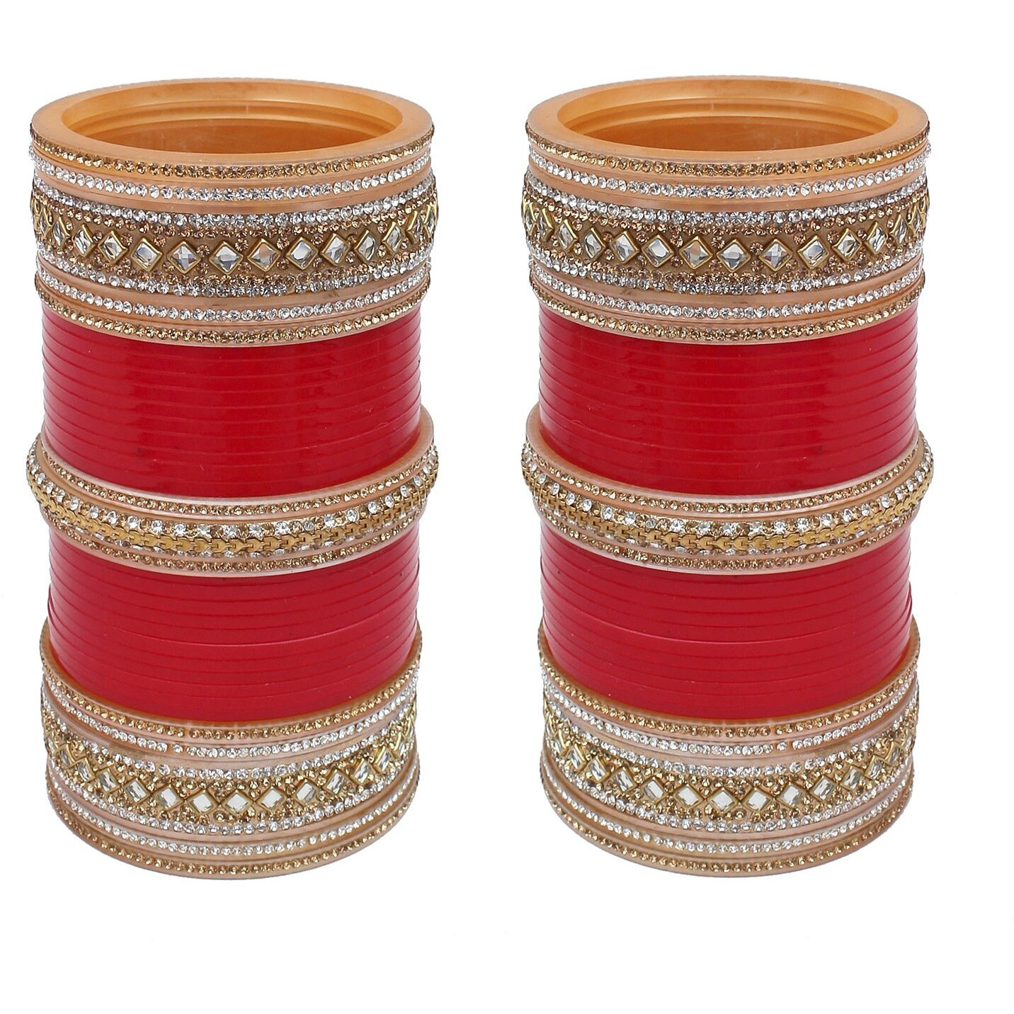 Lucky Jewellery Bridal Bangle Set Red Punjabi Chura White Kundan & Golden Stone Choora Wedding Chuda For Women (1584-G1C1-1009-R28)