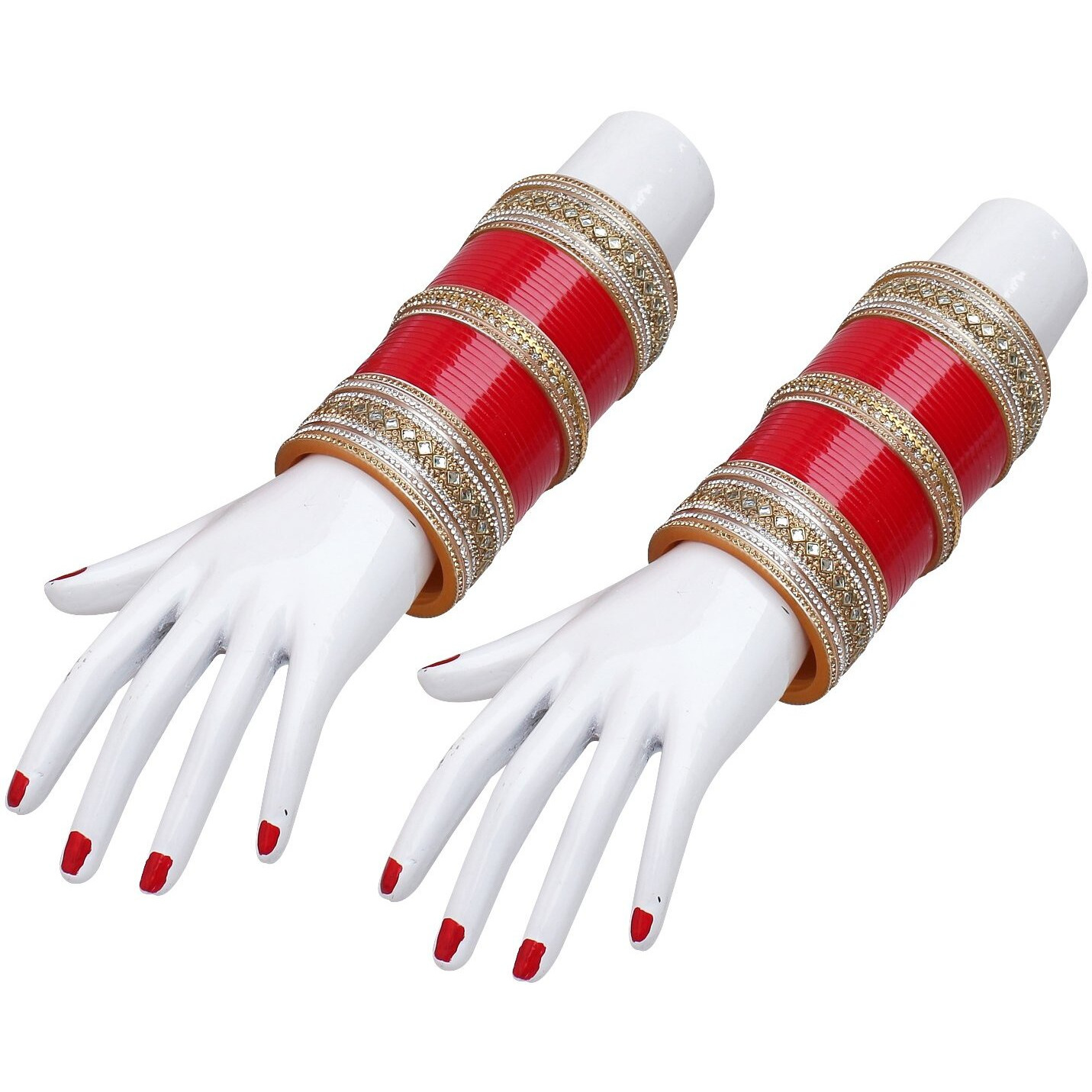 Lucky Jewellery Bridal Bangle Set Red Punjabi Chura White Kundan & Golden Stone Choora Wedding Chuda For Women (1584-G1C1-1009-R28)