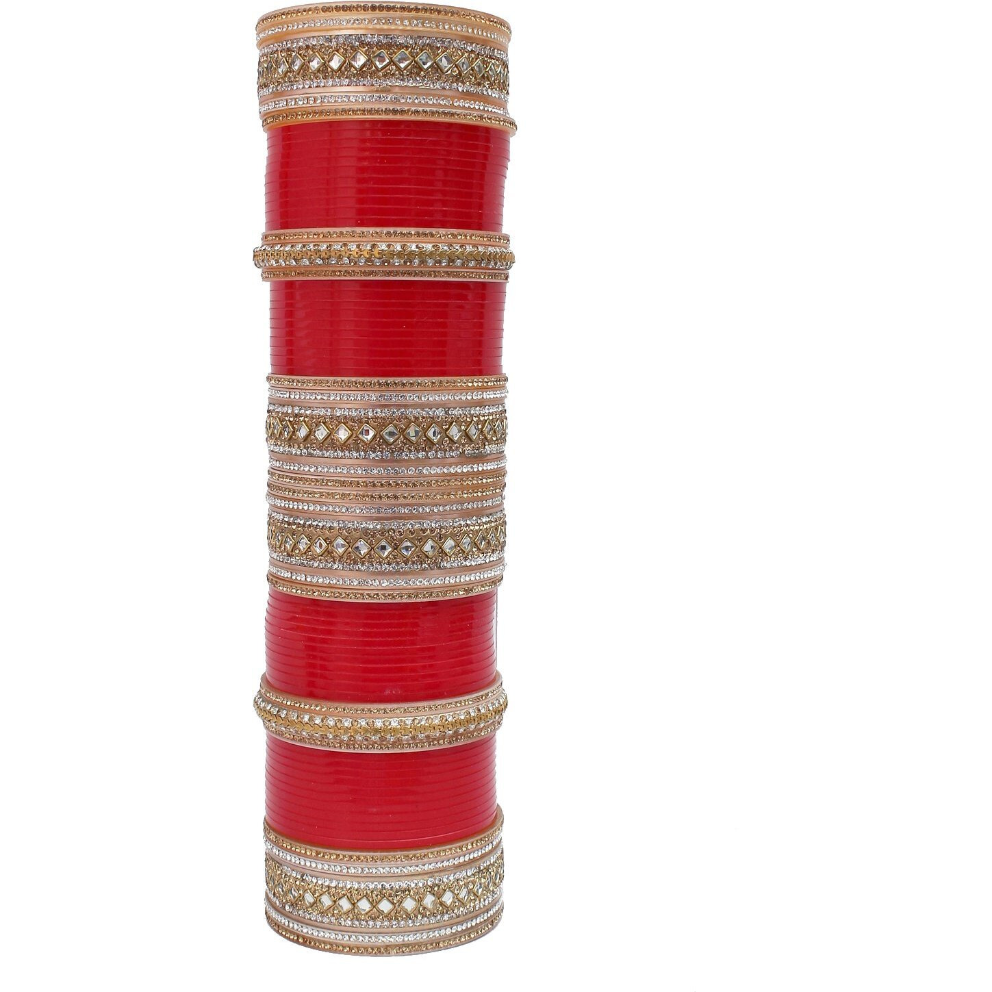 Lucky Jewellery Bridal Bangle Set Red Punjabi Chura White Kundan & Golden Stone Choora Wedding Chuda For Women (1584-G1C1-1009-R28)
