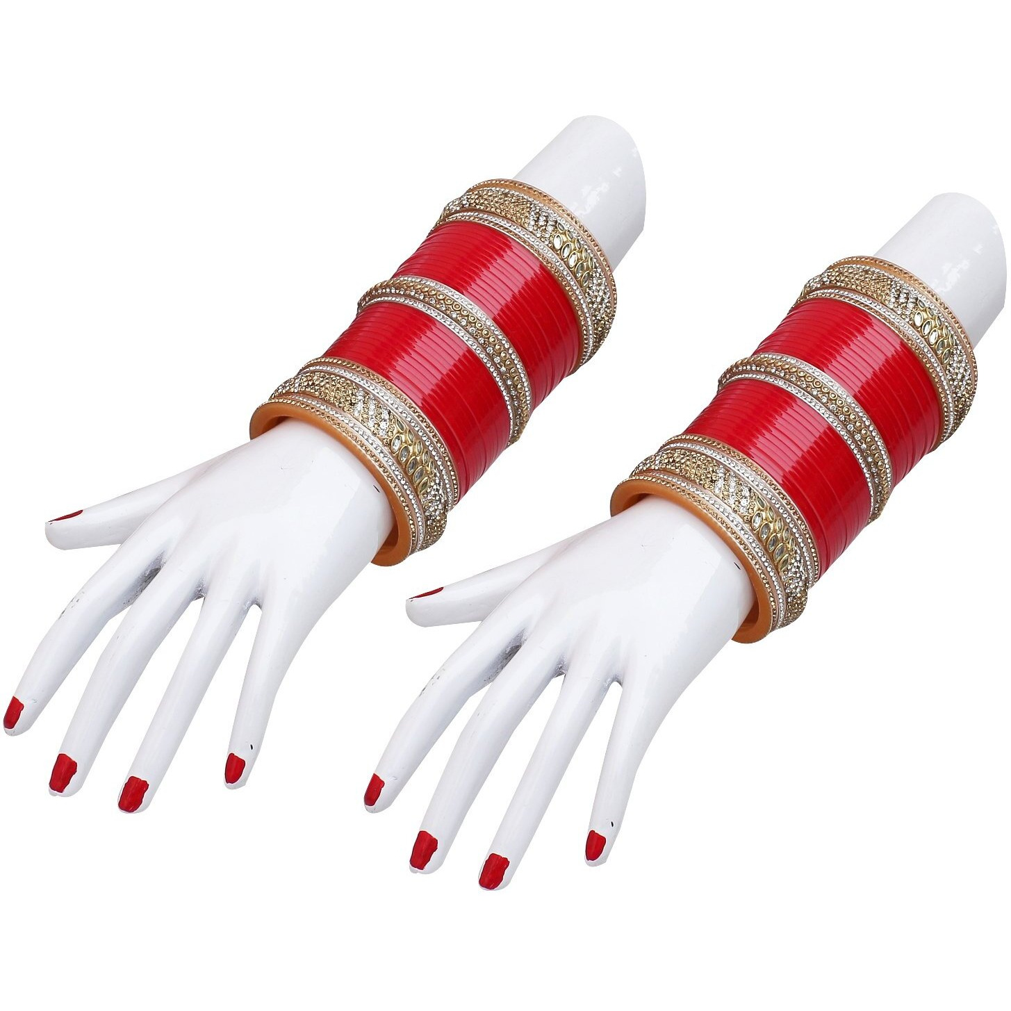 Lucky Jewellery Bridal Bangle Set Red Dulhan Golden & White Stone Chura Designer Fashion Choora Punjabi Wedding Chuda For Women (1650-G1C1-1010-R26)