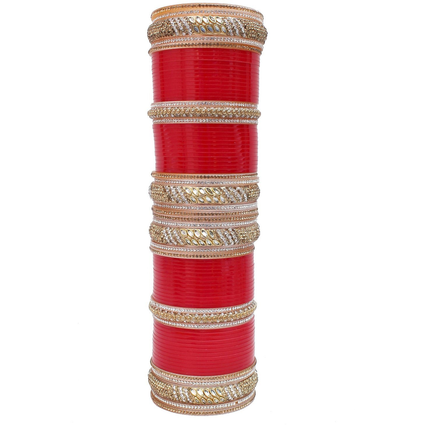 Lucky Jewellery Bridal Bangle Set Red Dulhan Golden & White Stone Chura Designer Fashion Choora Punjabi Wedding Chuda For Women (1650-G1C1-1010-R26)