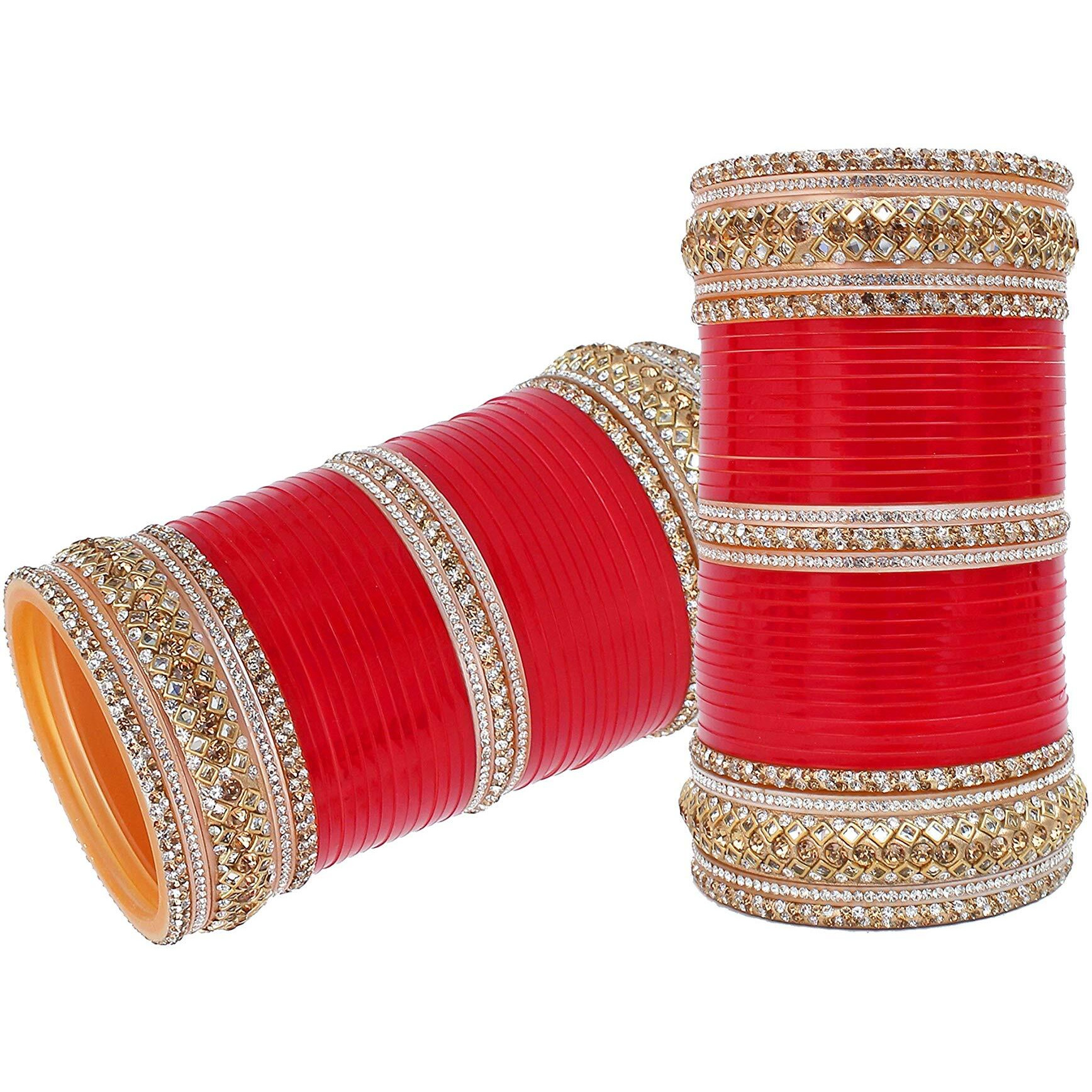 Lucky Jewellery Bridal Bangle Set Red and White Kundan Golden Stone Chuda Punjabi Wedding Chura Dulhan Choora For Women (1881-G1C1-1007-R22)
