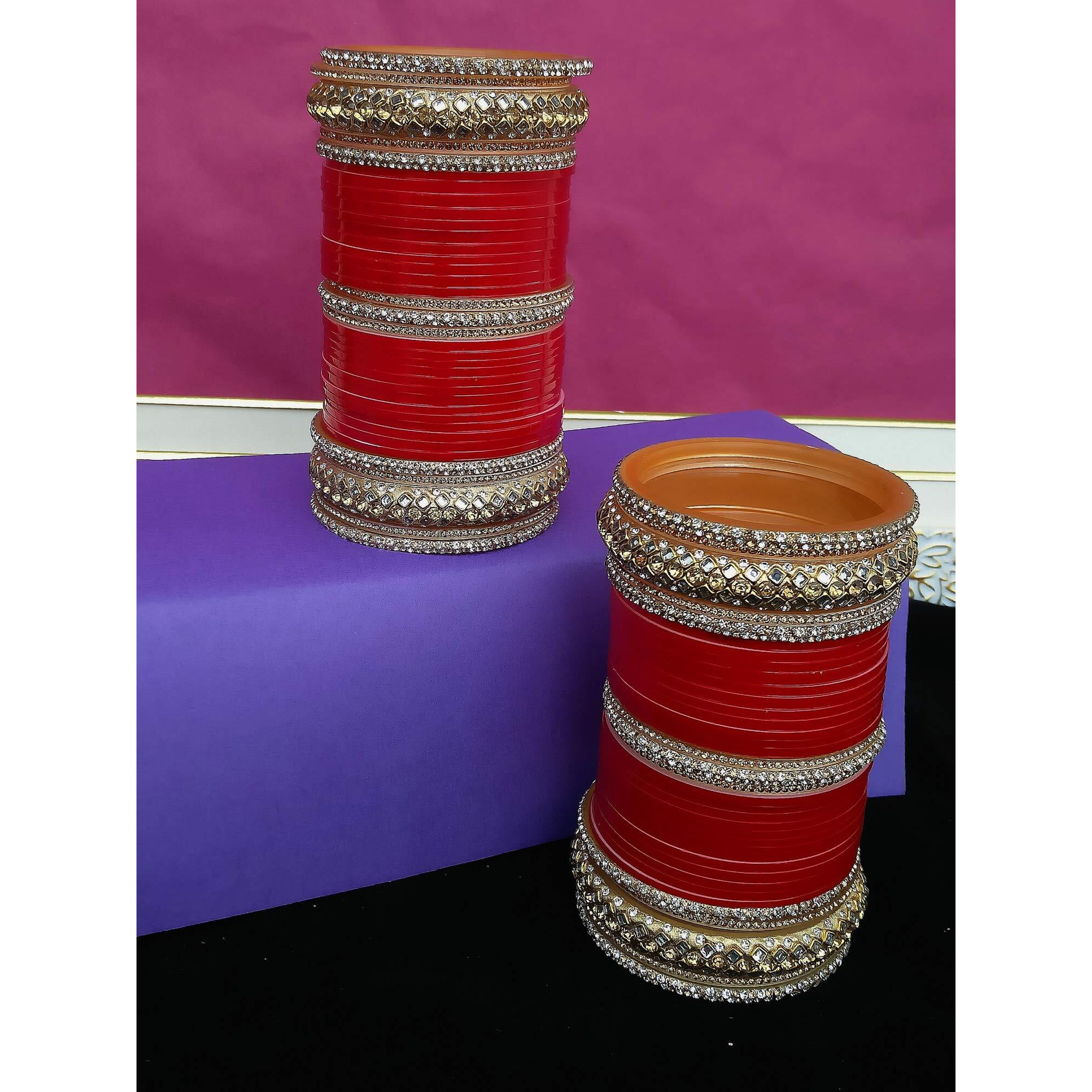Lucky Jewellery Bridal Bangle Set Red and White Kundan Golden Stone Chuda Punjabi Wedding Chura Dulhan Choora For Women (1881-G1C1-1007-R22)
