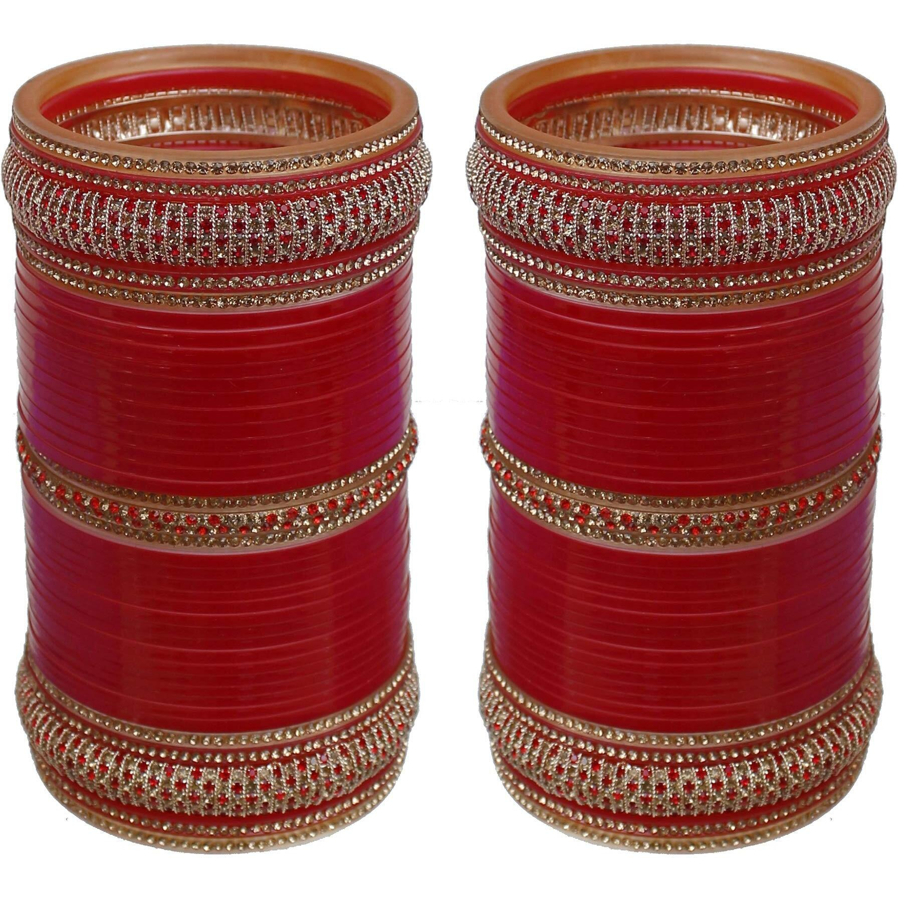 Lucky Jewellery Bridal Bangle Set Designer Dulhan Punjabi Choora Wedding Chura Red Color Chuda for Women (2072-M1C1-RANI-R22)