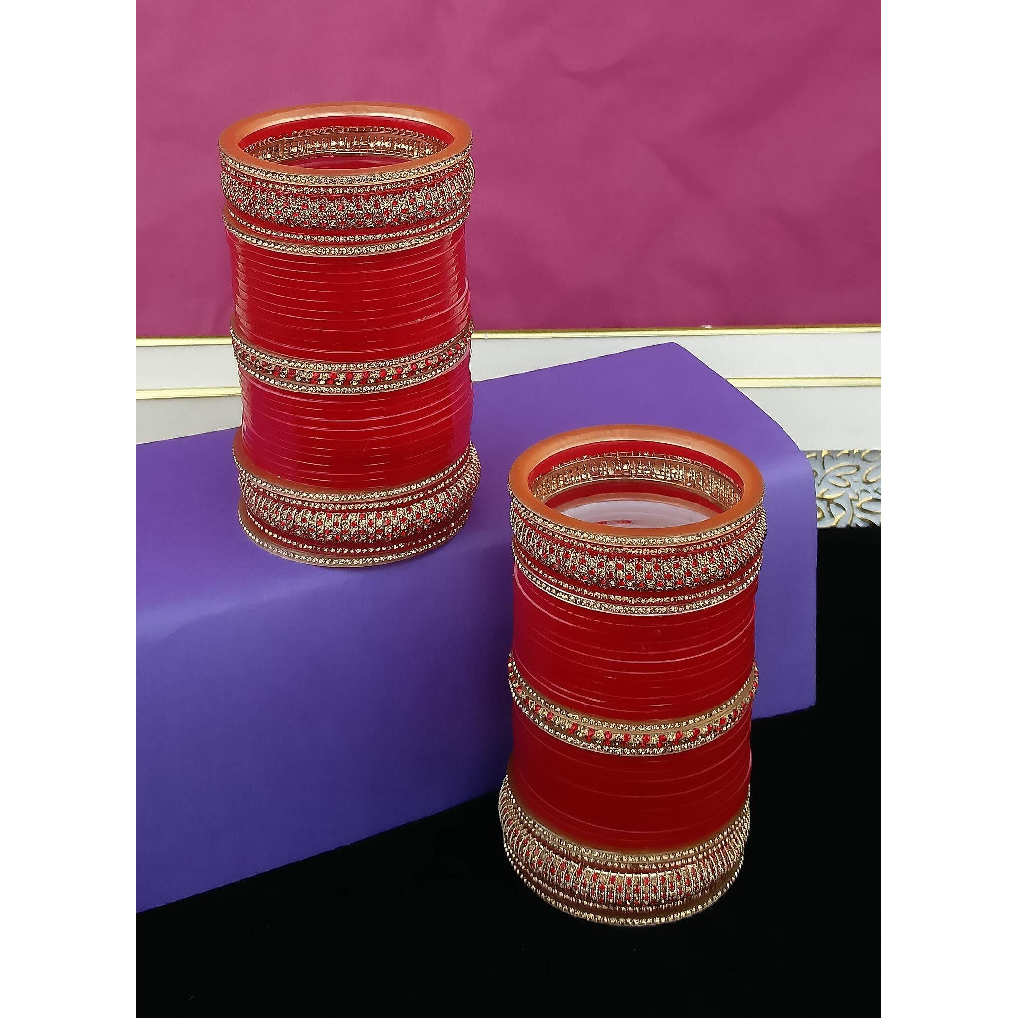 Lucky Jewellery Bridal Bangle Set Designer Dulhan Punjabi Choora Wedding Chura Red Color Chuda for Women (2072-M1C1-RANI-R22)