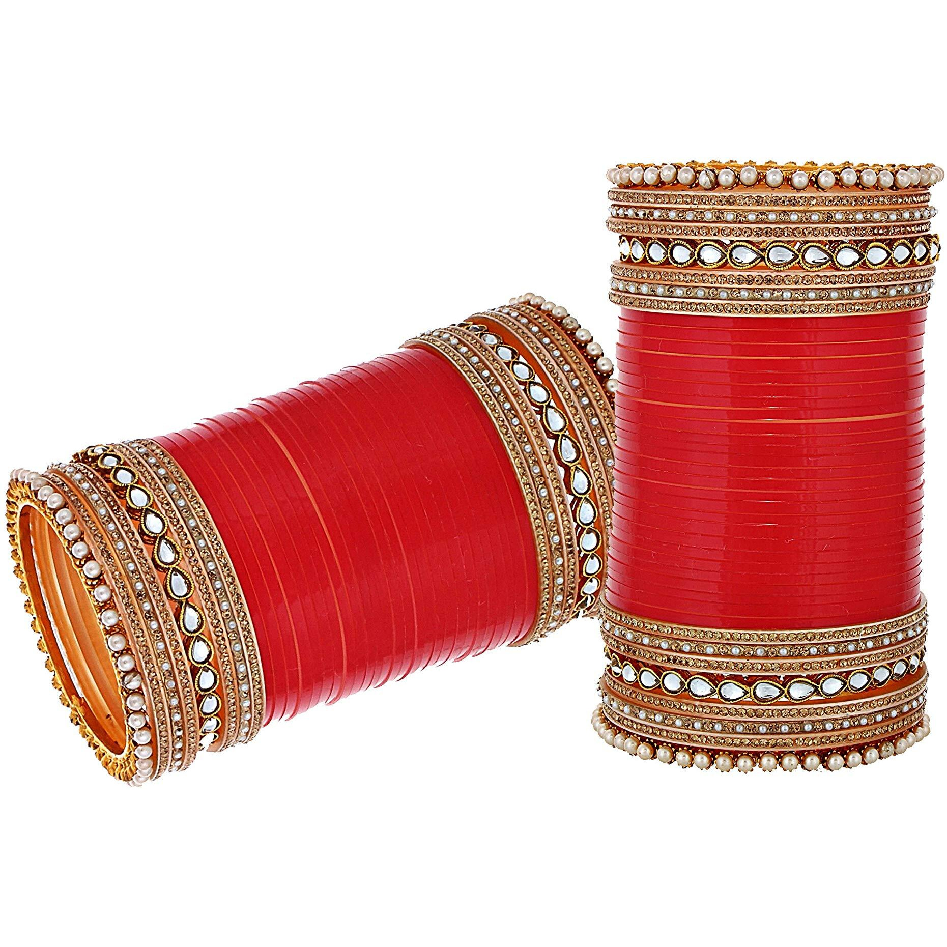 Lucky Jewellery Bridal Bangle Set Red Color Designer Chura CZ Stone Wedding Chuda Dulhan Fashion Choora For Women (2574-G1C1-MODI-R26)
