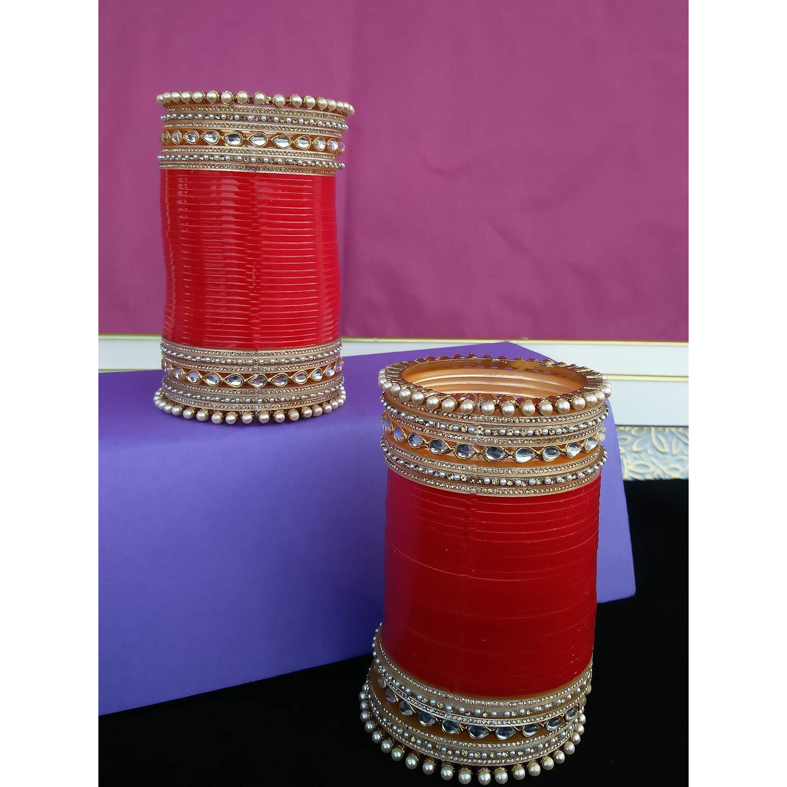 Lucky Jewellery Bridal Bangle Set Red Color Designer Chura CZ Stone Wedding Chuda Dulhan Fashion Choora For Women (2574-G1C1-MODI-R26)