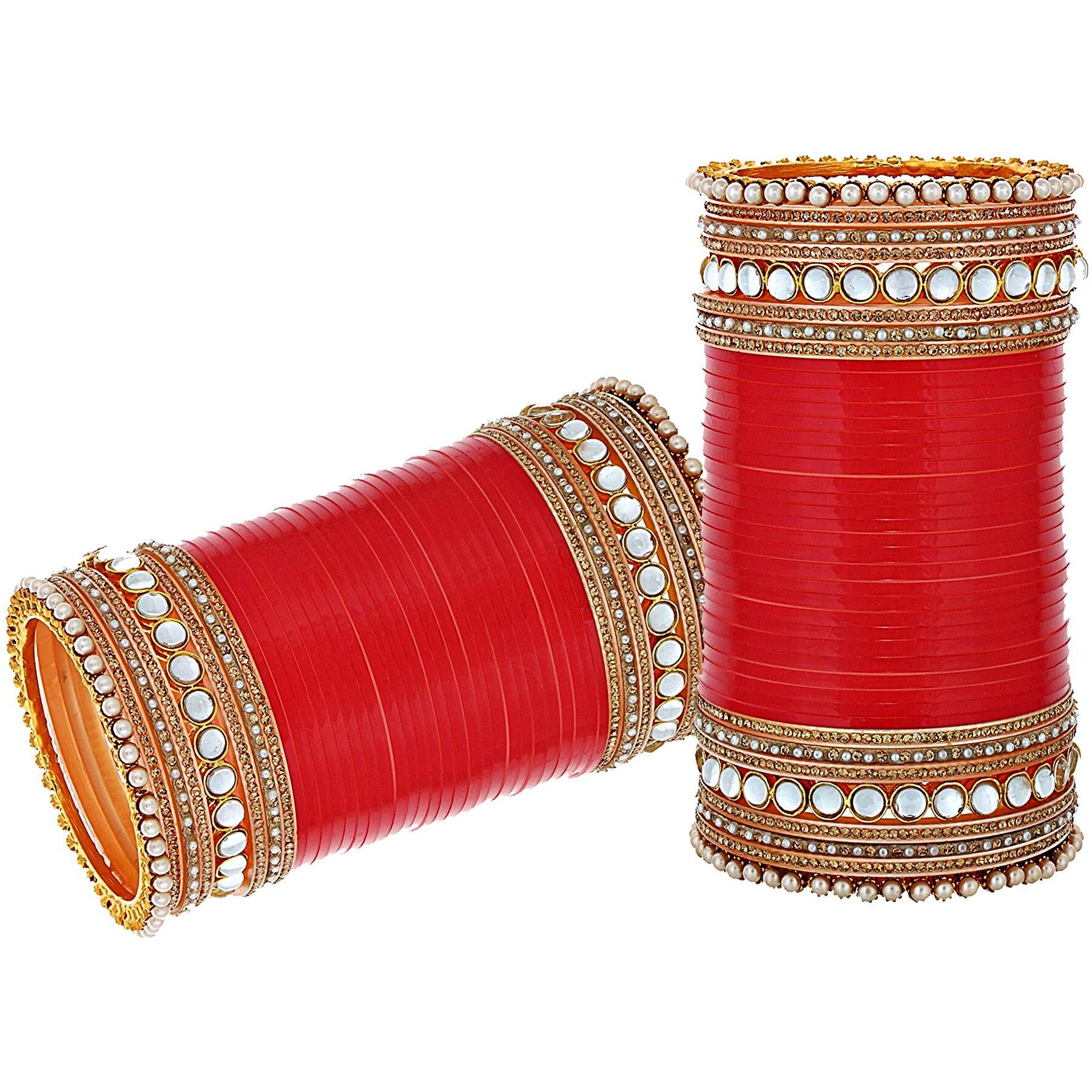 Lucky Jewellery Bridal Bangle Set Designer Red Color Dulhan Punjabi Choora Wedding Chura Fashion Chuda For Women (2739-G1C1-YOGI-R28)